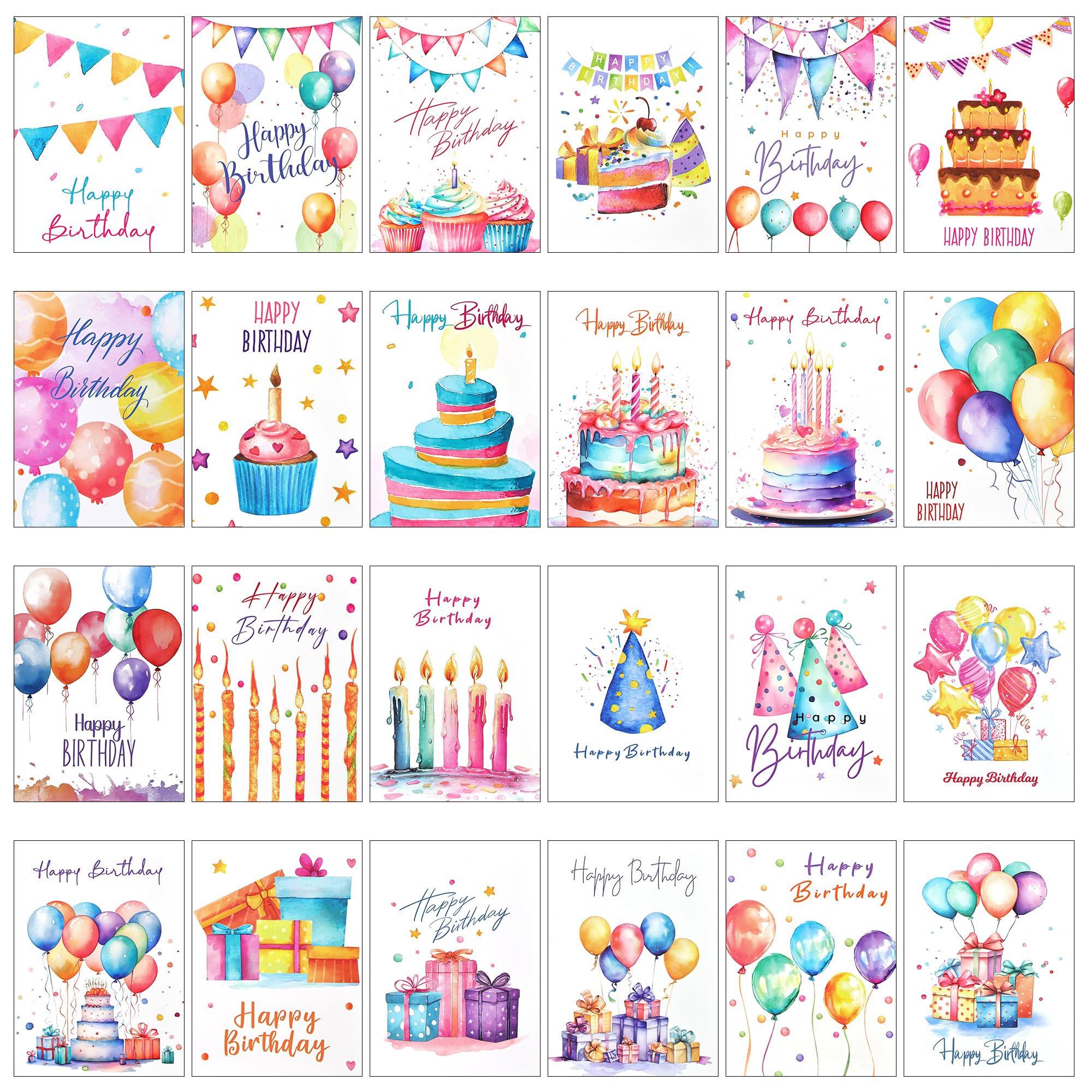 24 Bright Watercolour Birthday Cards for Kids – A6 250GSM Pearlescent Cards with Kraft Envelopes, 24 Unique Designs, Eco-Friendly & Fun