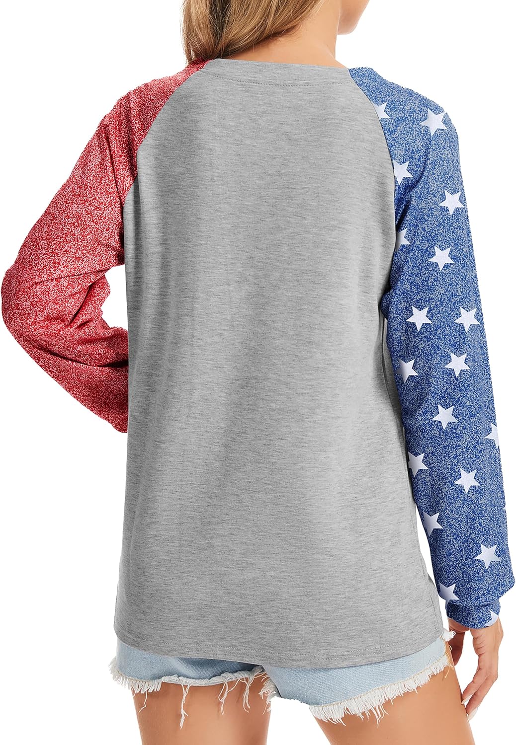 TSMNZMU Womens Star Print Colorblock Shirt Long Sleeve American Flag 4th of July Pullvoer Blouse Tops