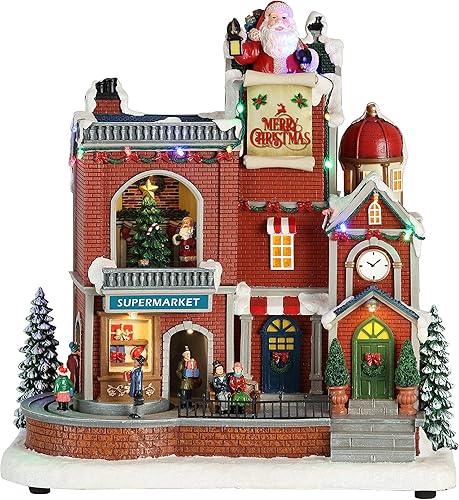 Miniatura 2 de MOMENTS IN TIME Casa de pueblo de Navidad iluminada, supermercado y tiendas, escena animada de vacaciones con luces LED, caja de regalo de música,
