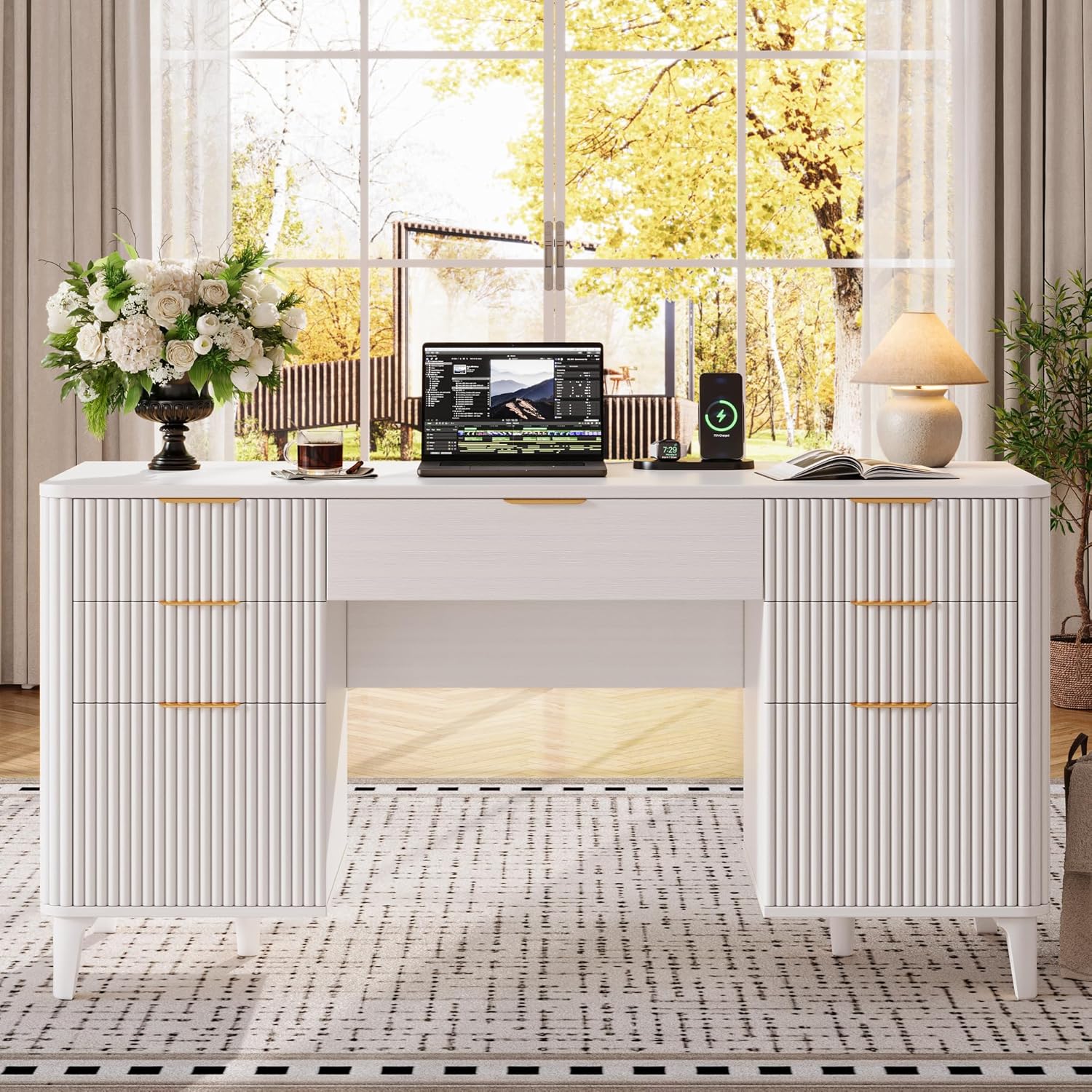 55.1" Fluted Executive Desk with Drawers, White Desk with Storage Cabinet, Home Office Desk with Charging Station, Farmhouse Desk with File Cabinet for Office Home