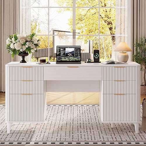 Miniatura 7 de Escritorio Ejecutivo Acanalado de 55.1" con Cajones, Escritorio Blanco con Gabinete de Almacenamiento, Escritorio de Oficina en Casa con Estación de