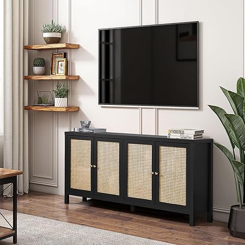 Miniatura 10 de RARZOE Aparador de ratán, armario de almacenamiento con 4 puertas de ratán, moderna mesa consola de armario de almacenamiento con estantes