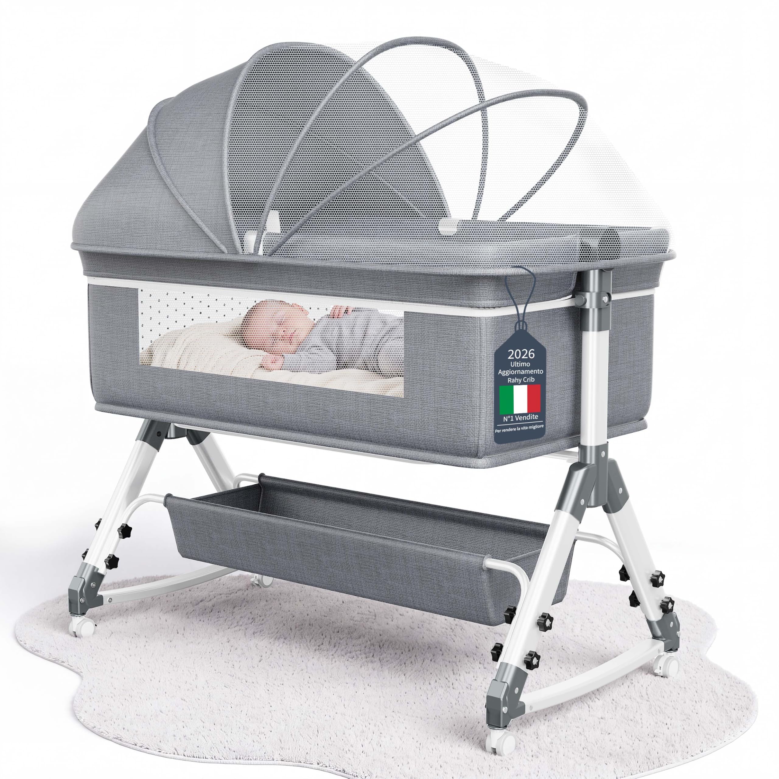 5-in-1 neonato culla neonato, Culla Co-Sleeping, Ruote con Blocco e Dondolo, Parete aperta rete traspirata， Zanzariera, Materasso e Borsa inclusi (Grigio G1)