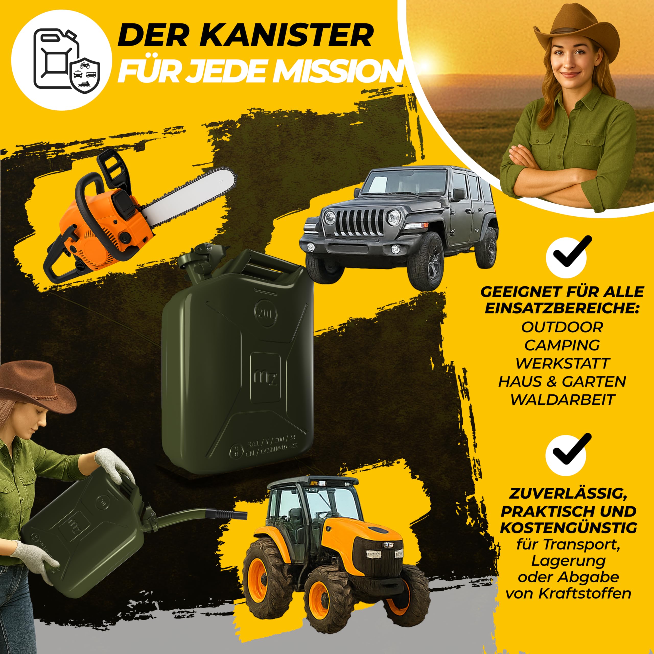 MONZANA Metallkanister 3er-Set 20 L Stahl UN-Zulassung Benzinkanister oliv