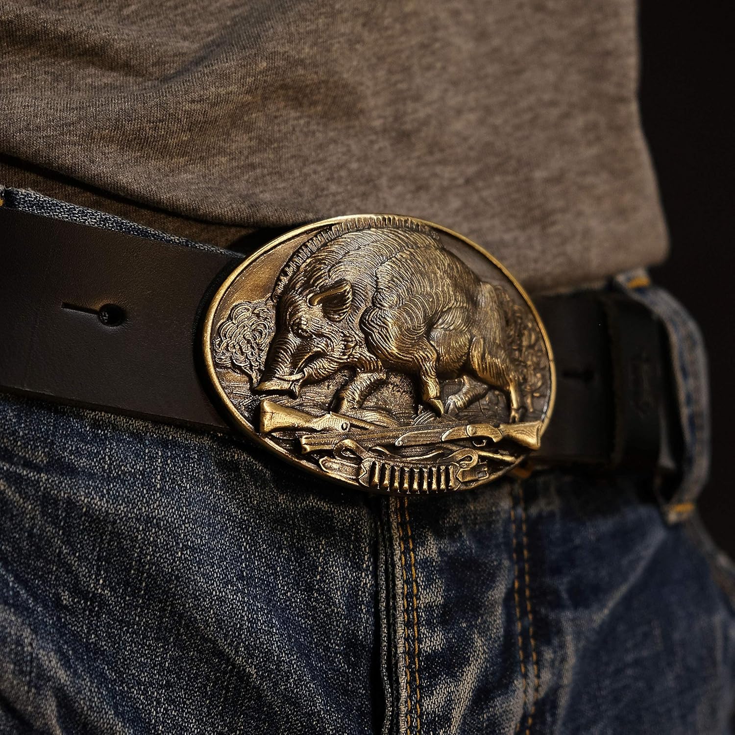 Belt buckle Boar hunting, Handmade hunter trophy solid brass belt buckle wild boar hunting