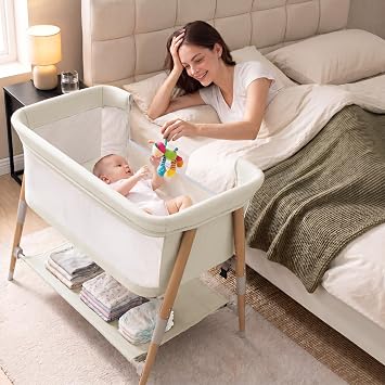 Baby Bassinet, 3 in 1 Bedside Bassinet Sleeper for Newborn, Portable Baby Crib with 4 Detachable Wheels & Adjustable Height, Breathable Mesh & Mattress, Mosquito Net& Storage Basket White