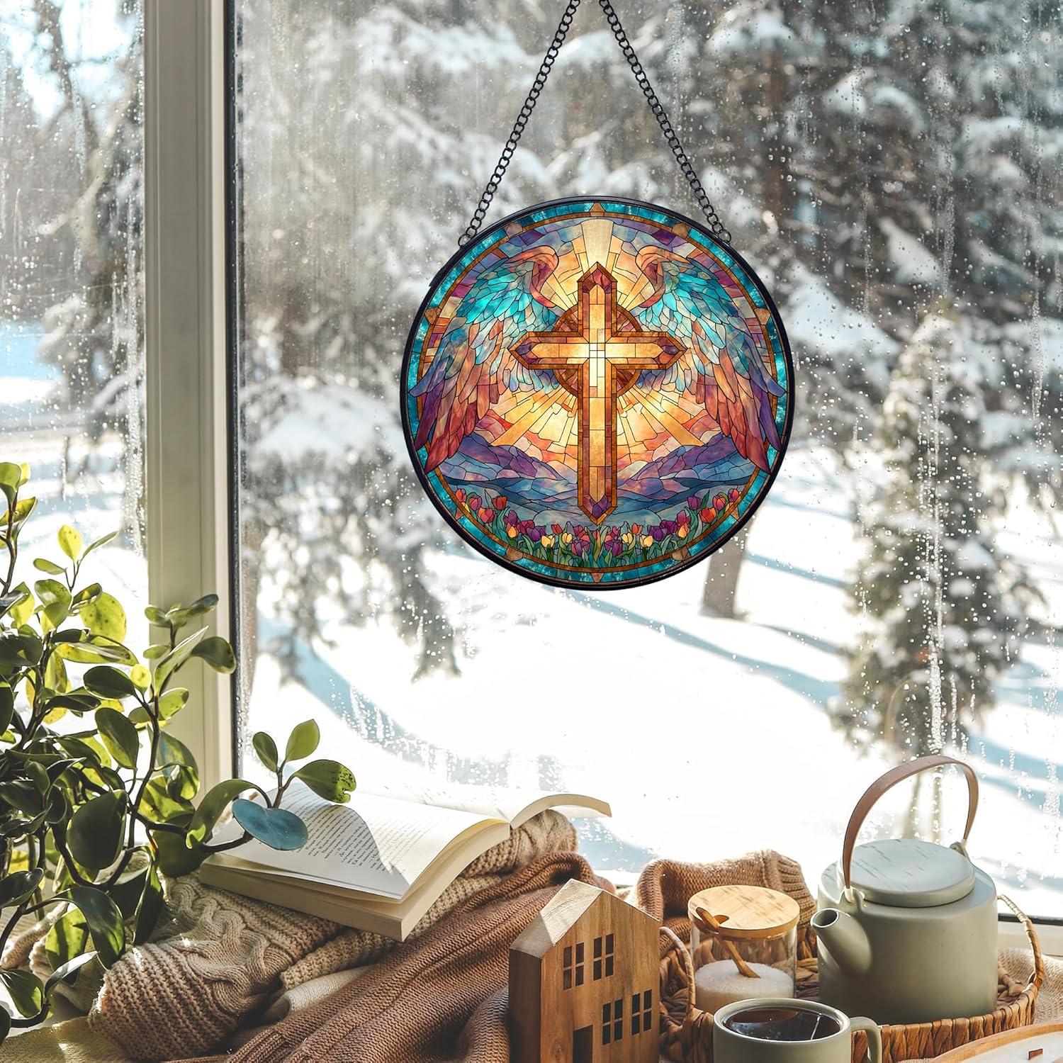 Cross Stained Glass Window Hanging Suncatchers, Christian Cross Sun Catchers Indoor Window Glass Wall Art Decor, Religious Biblical Wall Hanging Decorations Sculptures, 7.9x7.9in - Image 4