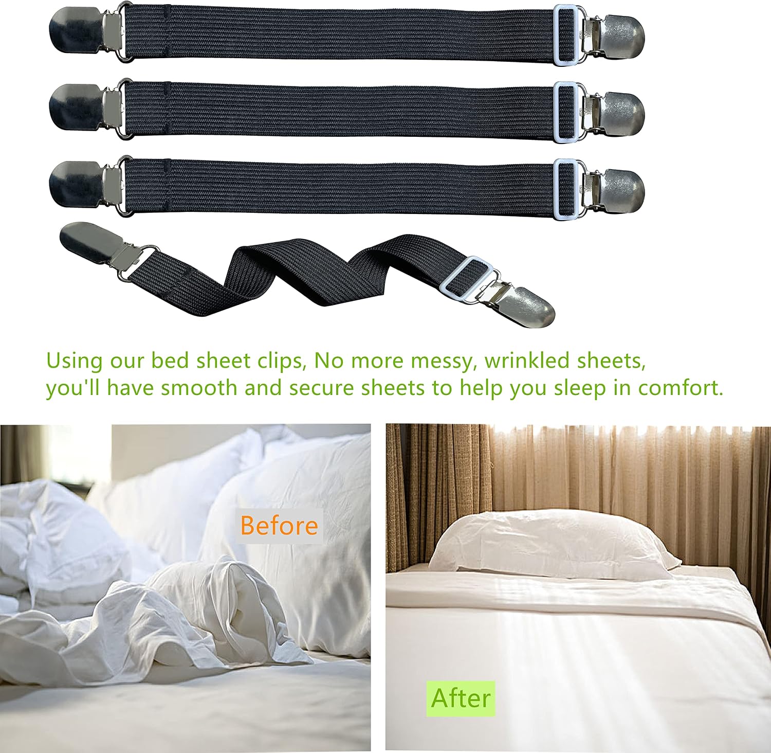 Ruezunn Bed Sheet Clips Straps Sheet Holder Mattress Clips, Elastic Sheet Fasteners Grippers, 4 Pcs Adjustable Elastic Bed Sheet Grippers Straps Suspender Fasteners Holder (Black)
