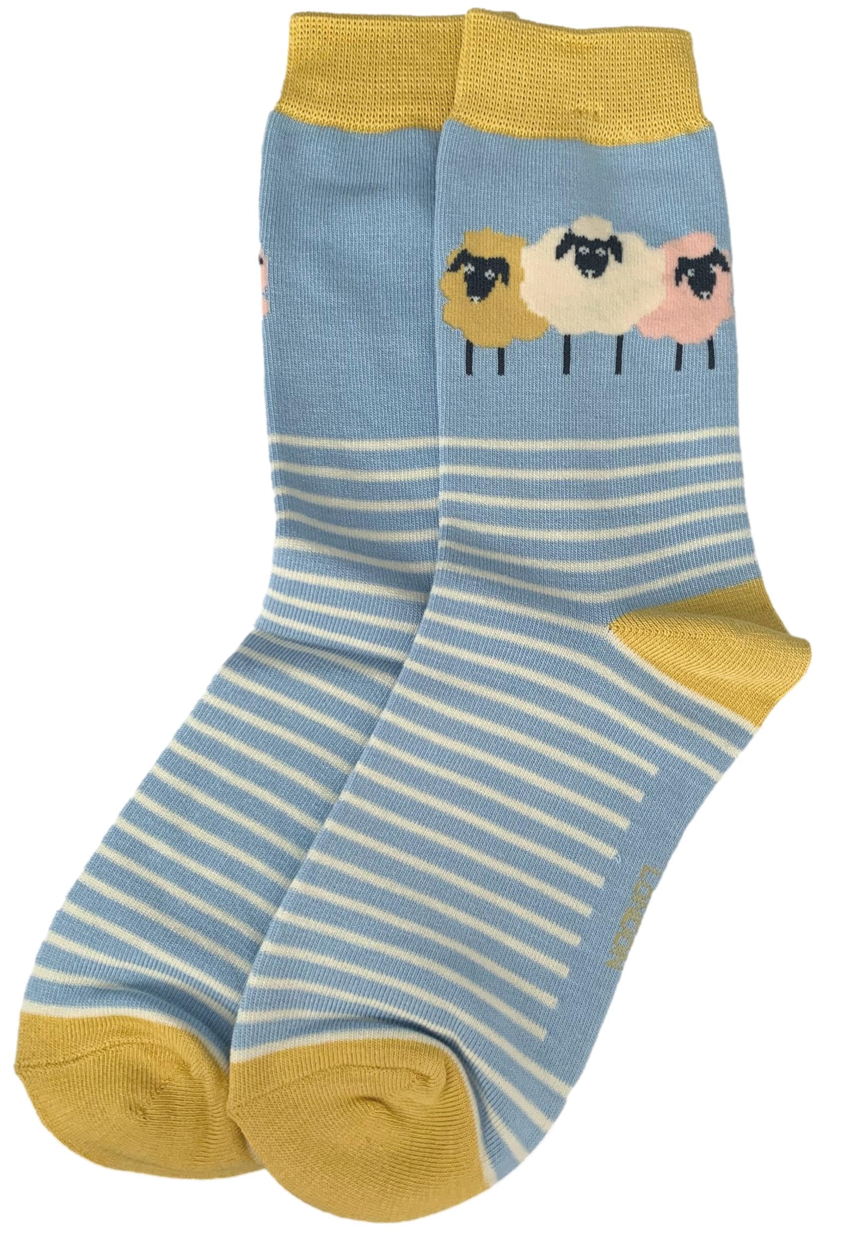 Women's Blue Purple Possum® Sheep Socks Cream Striped Stripes Bamboo Cotton Cute Farm Animals Socks Size 3 To 7 (Blue)