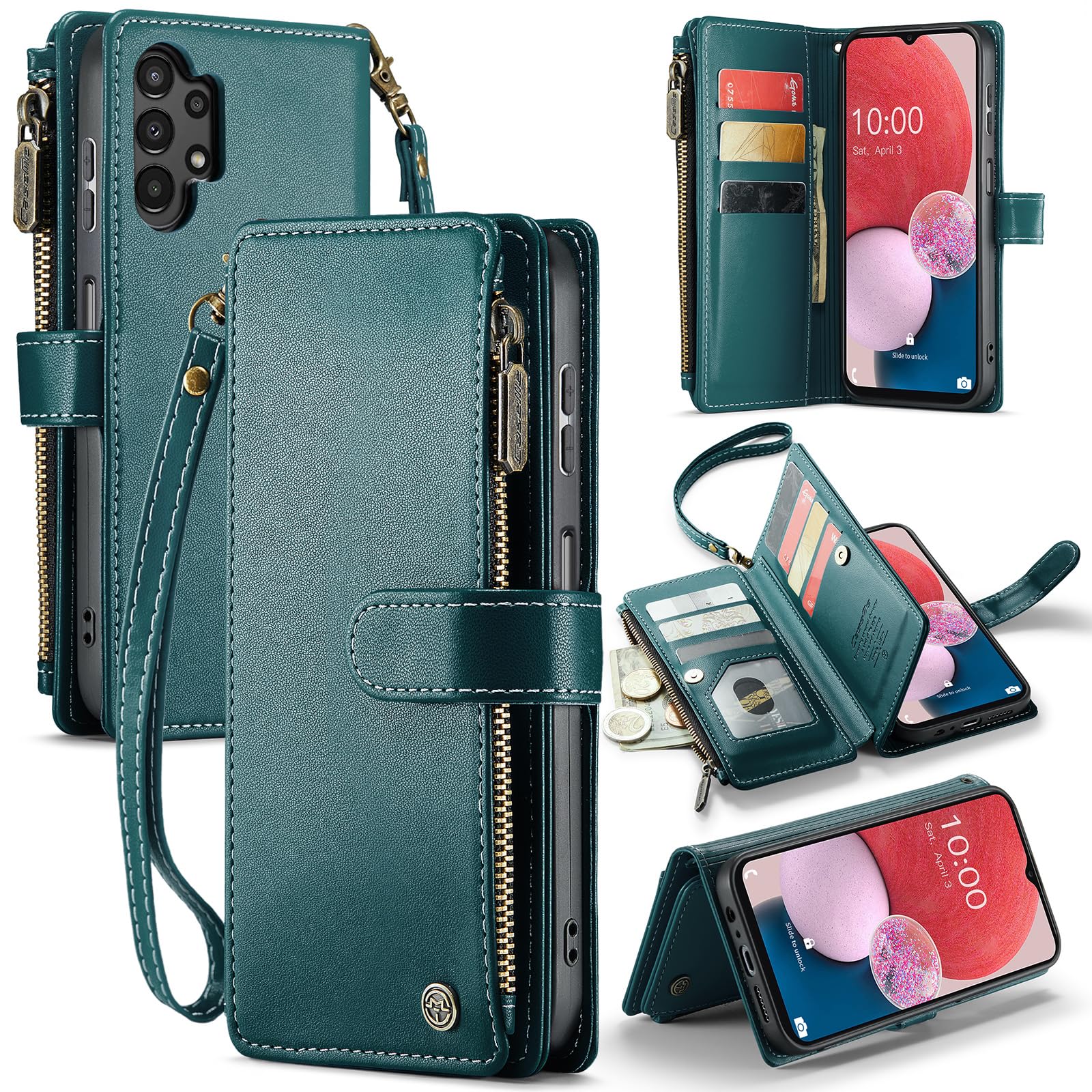 REEGINCH Samsung Galaxy A13 5G Case, Samsung A13 4G Wallet Case for Women Men, Sturdy PU Leather Case Magnetic Flip Zipper Card Holder Wristlet Strap Kickstand Phone Case for Samsung Galaxy A13, Green