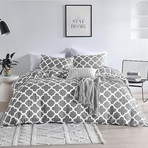 Rosecret Juego de funda de edredón 100% bambú tamaño King, juego de cama geométrico de bambú gris plateado, lujosamente suave y refrescante, 1 funda