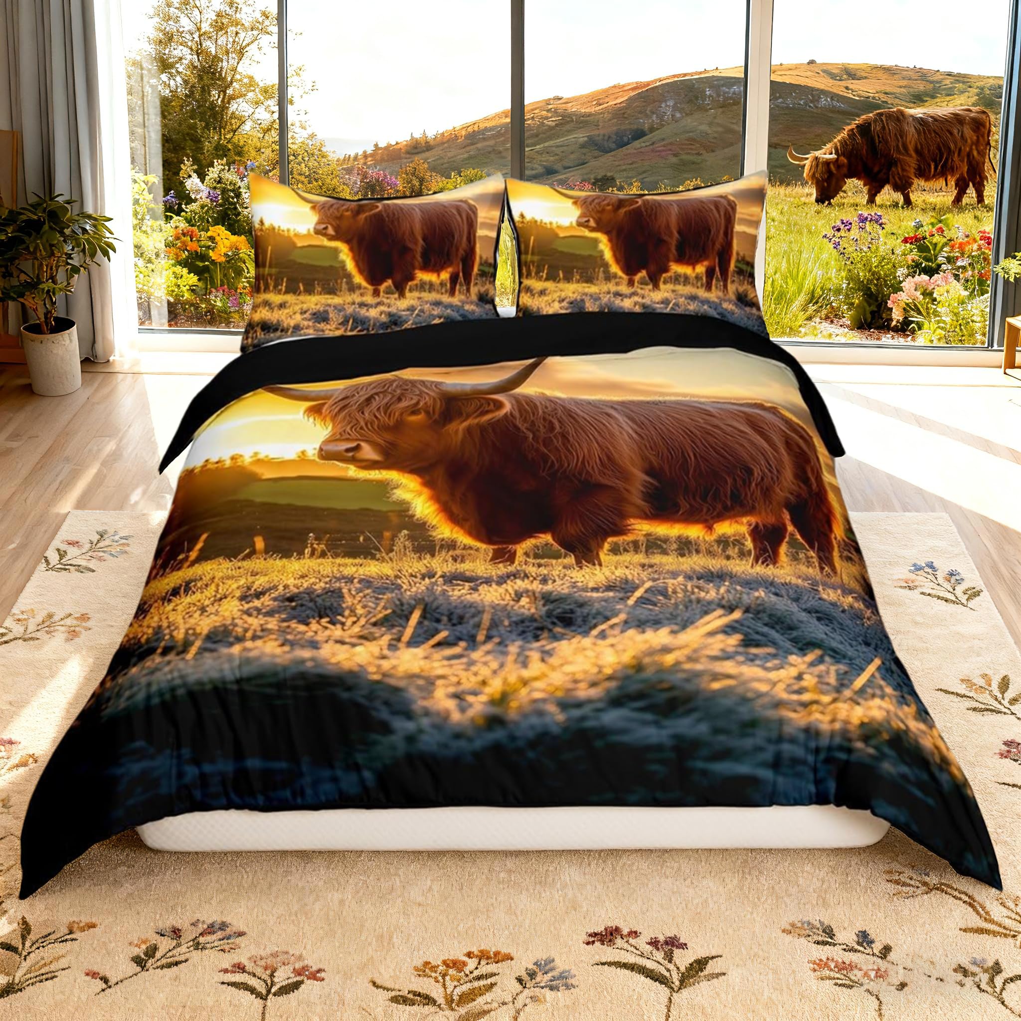 Homemissing Highland Cattle Duvet Cover Set Cot Size For Kids Boys Girls Teens Highland Cow Bedding Set Natural Theme Comforter Cover with 1 Pillowcase โ image 1