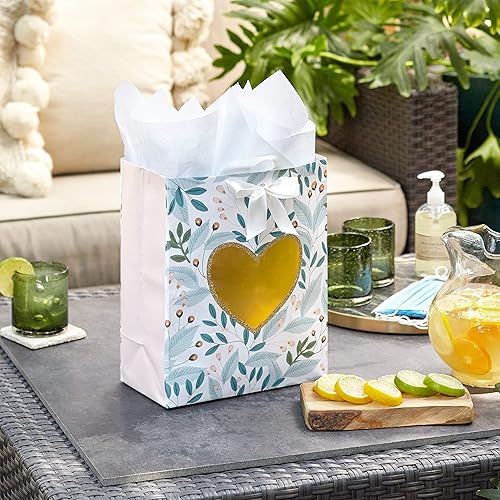Miniatura 2 de Hallmark Bolsa de regalo grande de 13 pulgadas con papel de seda (follaje verde, corazón dorado) para bodas, compromisos, aniversarios, despedidas