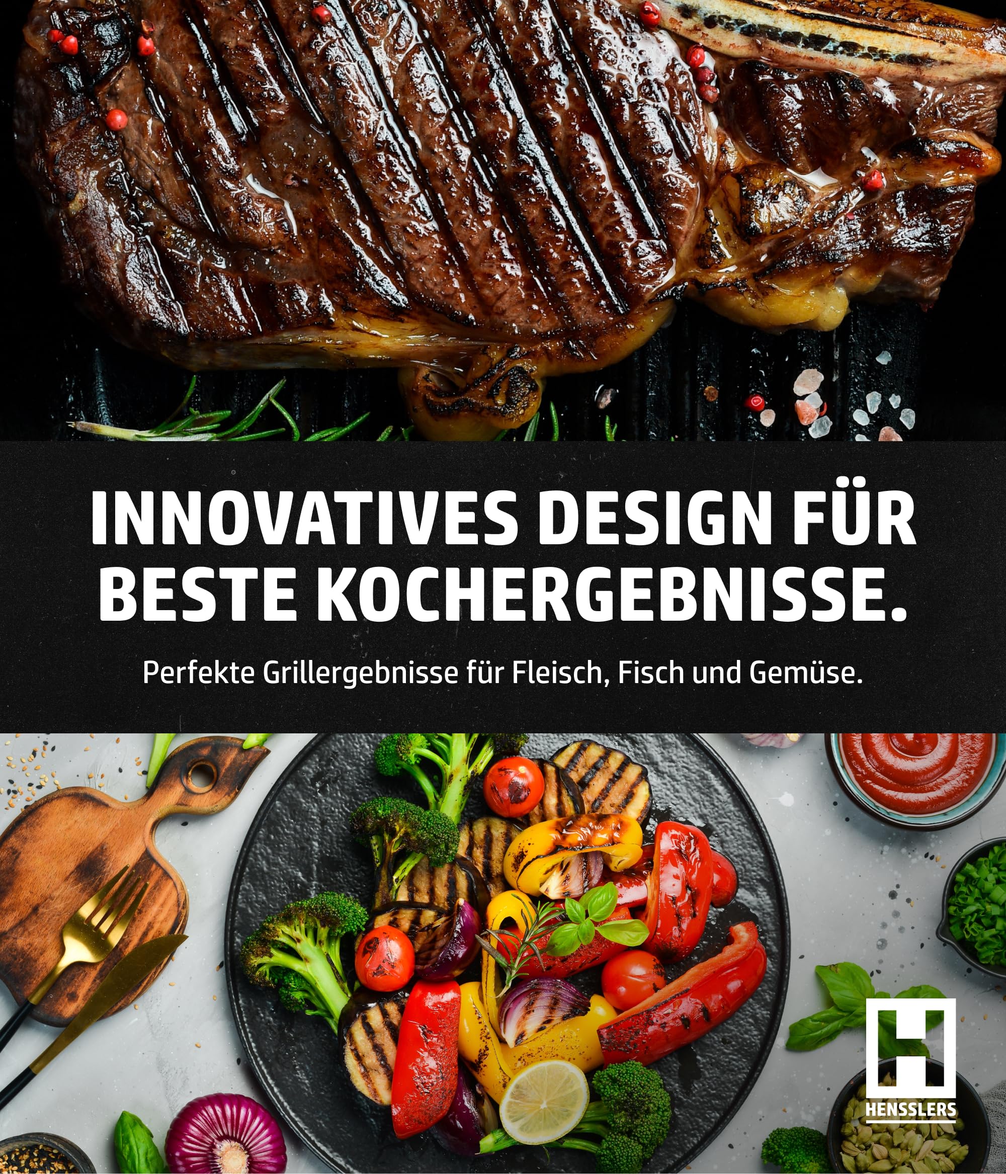 HENSSLERS® Grillpfanne Gusseisen [26cm] - Grill Pfanne für alle Herdarten & Backöfen inkl. Gasgrill & Induktionsherd - Beschichtete Antihaft Steakpfanne - Viereckige Induktion Gusspfannen für Grill