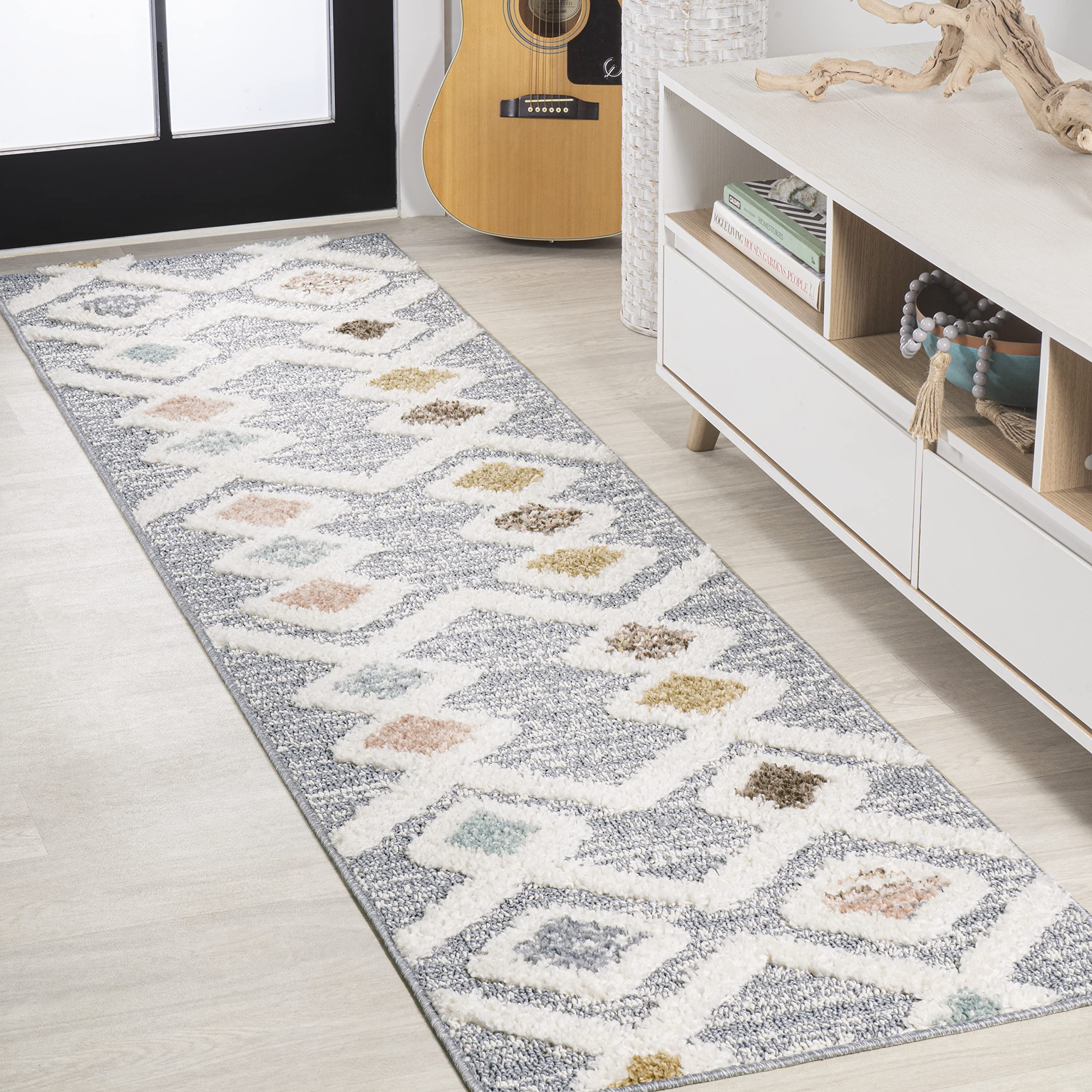 JONATHAN Y SNT104A-28 Monique Trellis High-Low Indoor--Area Rug, Modern, Contemporary, Bohemian Easy-Cleaning,Bedroom,Kitchen,Living Room,Non Shedding, Multi/Gray, 2 X 8