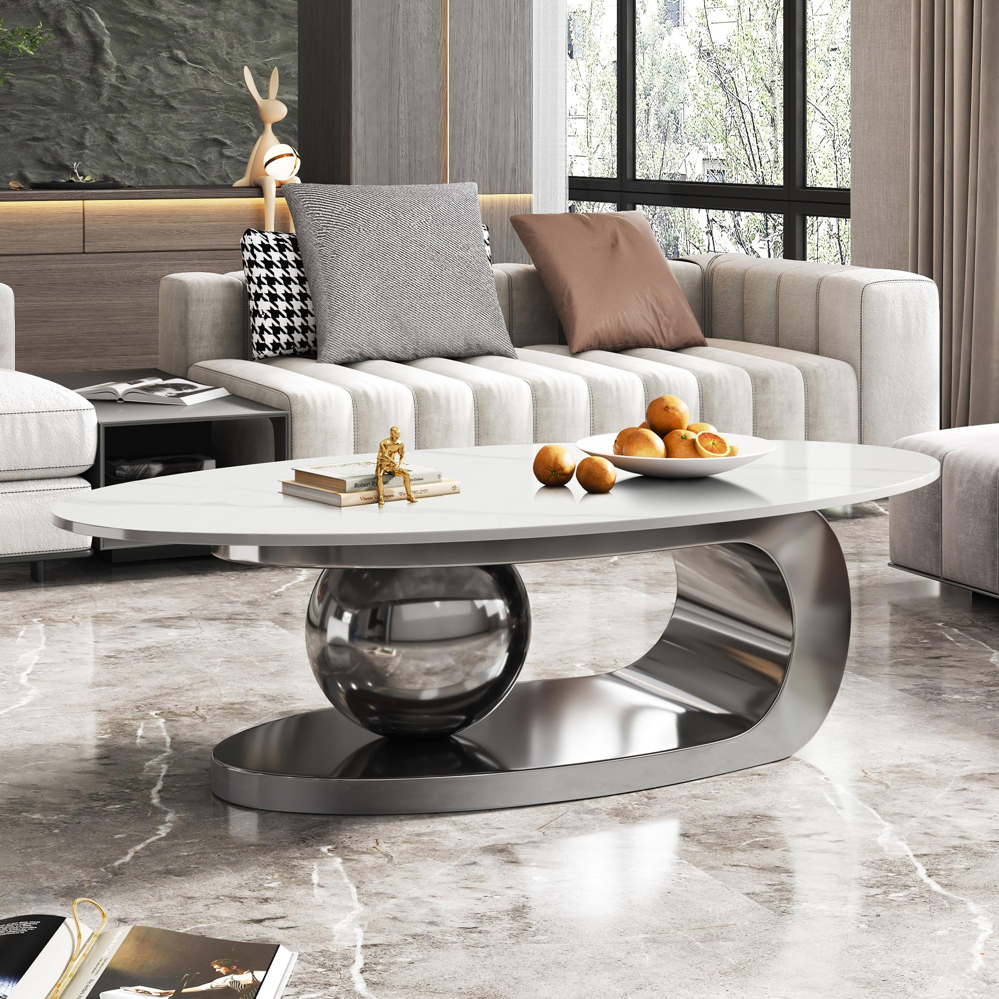 Modern Coffee Table with Gold Stainless Steel Pedestal,Oval