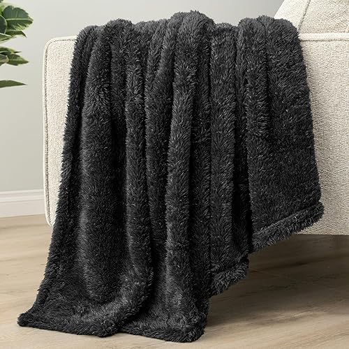 Miniatura 6 de Pavilia Manta de cama Sherpa tamaño King, felpa negra, suave, acogedora, esponjosa, ligera, de microfibra, para todas las estaciones, 90 x 108