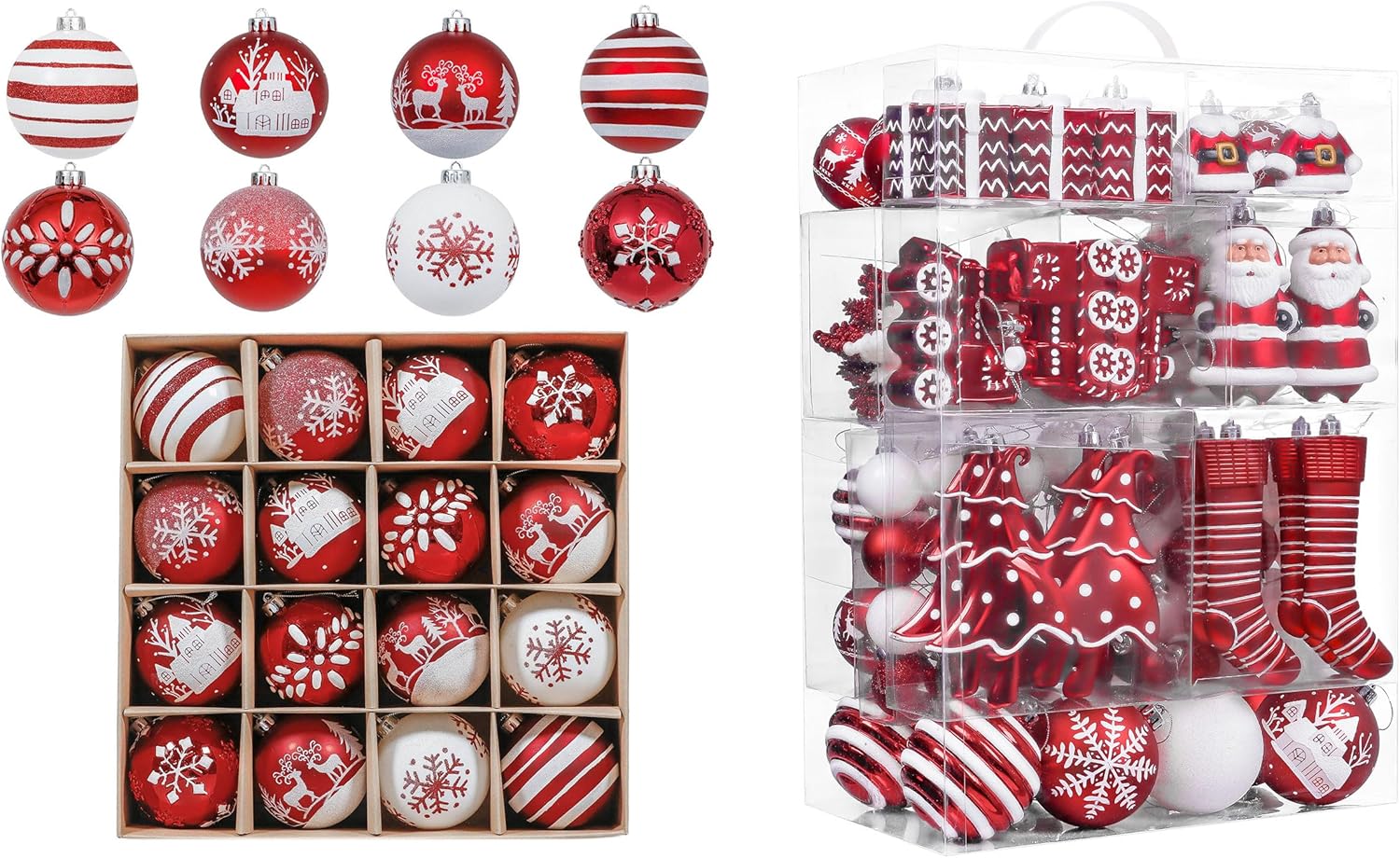 Valery Madelyn Christmas Ornaments Value Bundle, 16ct & 155ct Traditional Red White Shatterproof Christmas Ball Ornaments Set, Decorative Hanging Ornament Bulk for Xmas Holiday Party Decor