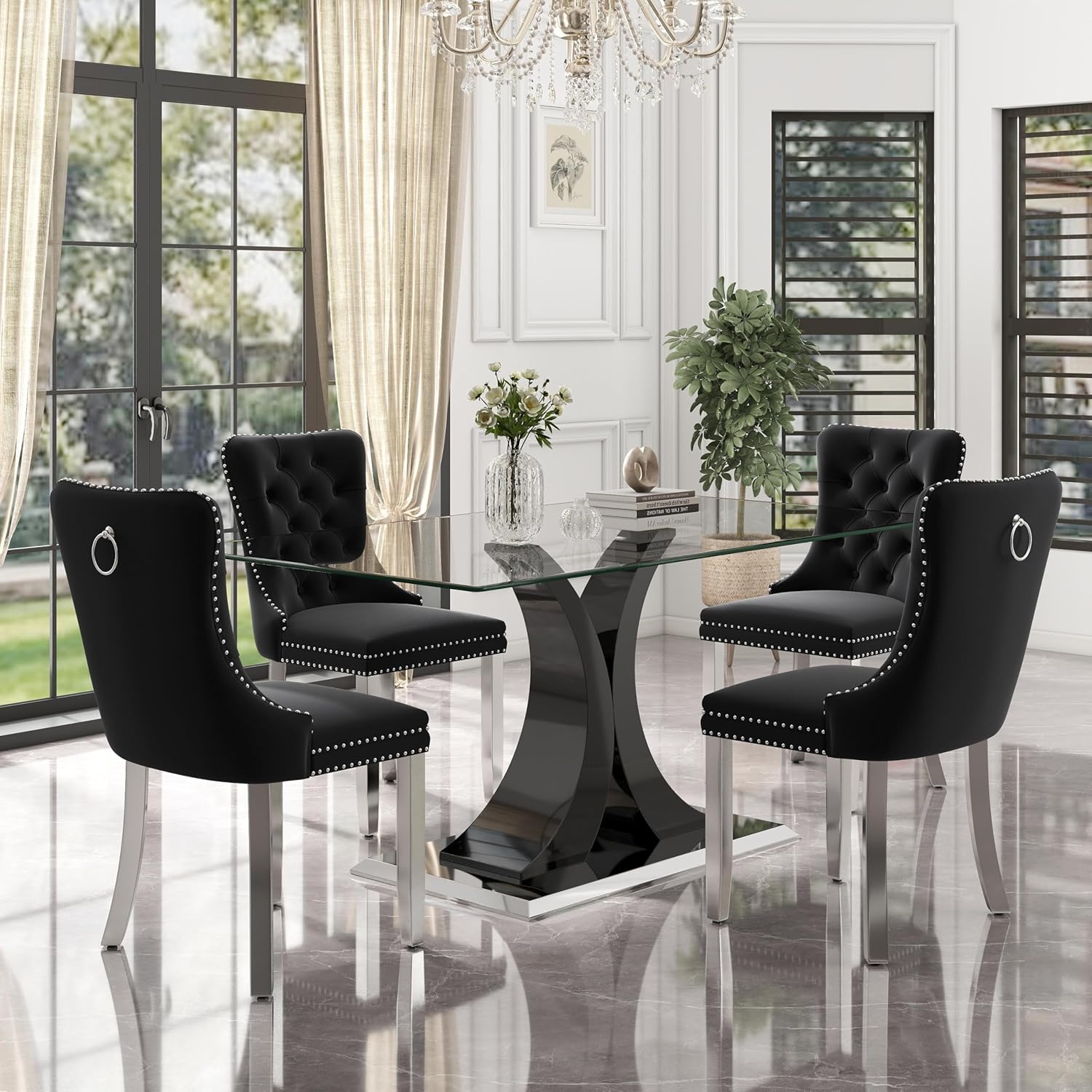 5 Pieces Modern Luxury Glass Dining Set, Large Minimalist Rectangle Dinner Set for 4, 63'' Clear Glass Top Kitchen Table Set with Black & Silver Base, Black Tufted Chairs, for Apartment Home