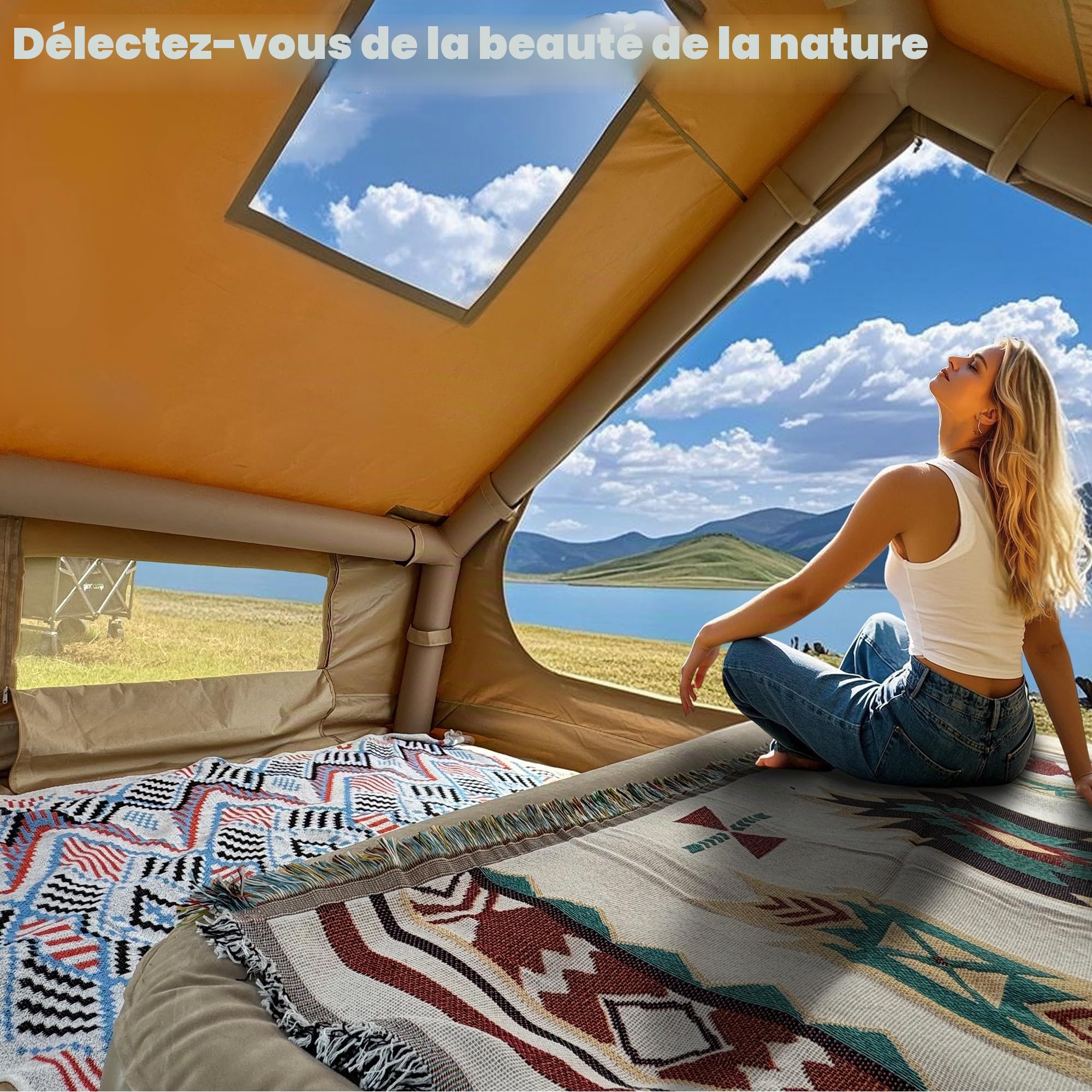 Tente gonflable pour 4 personnes, en tissu Oxford 600D, avec mouche de pluie et pompe à air, installation facile