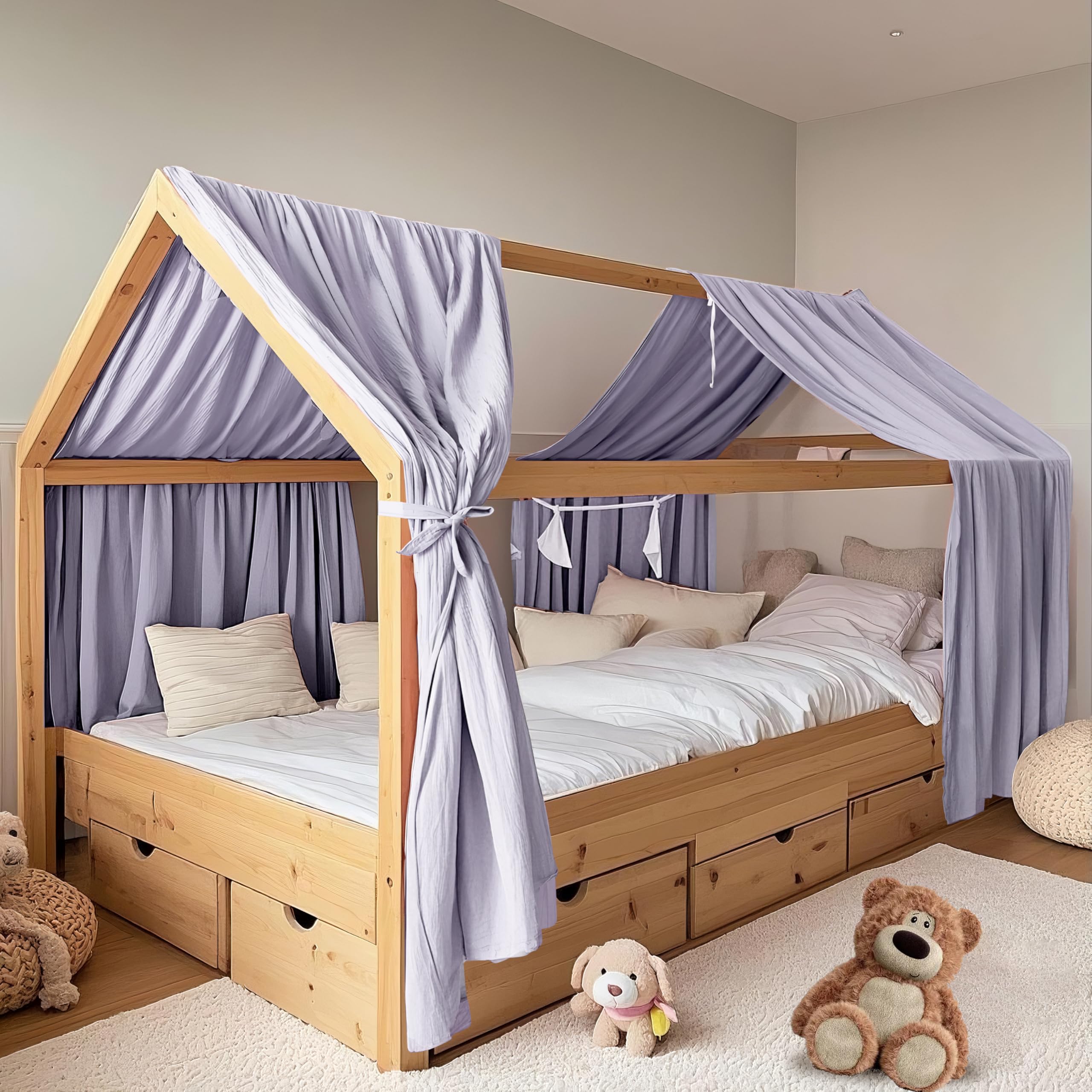 FloraVigo House Bed Canopy, Pack of 2, Handmade from 100% Cotton Muslin, Fabric Canopy for House Bed Decoration, for Girls and Boys (Set of 2, 65 x 270 cm, Lilac) — image 1