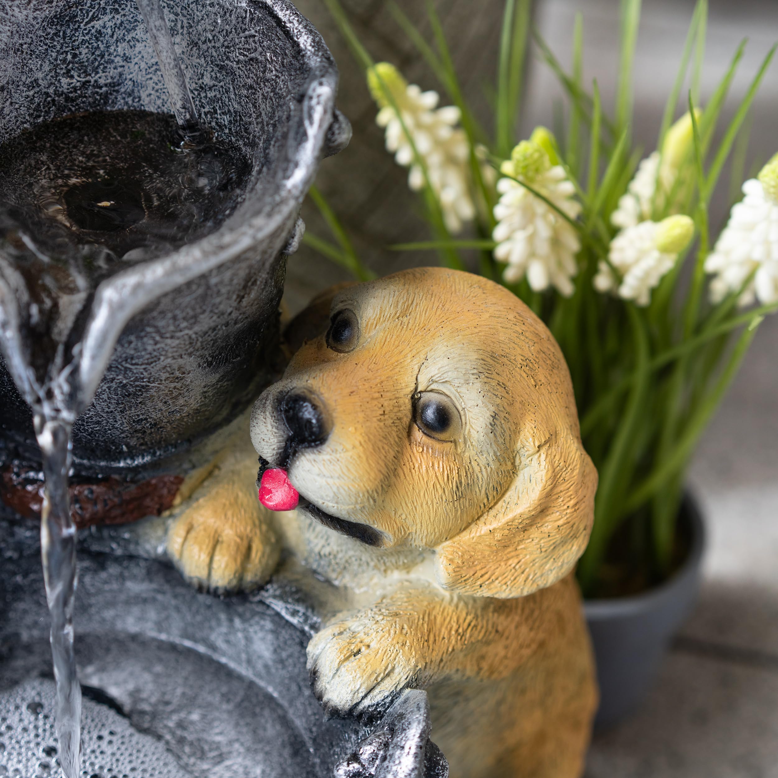 esotec Solarbrunnen für draussen Hundewelpen H=49cm, LED, USB, Pumpe, Akku, Solarmodul, Gartenbrunnen mit Wasserspiel, Springbrunnen solar für außen, Vogeltränke Balkon Garten 101382