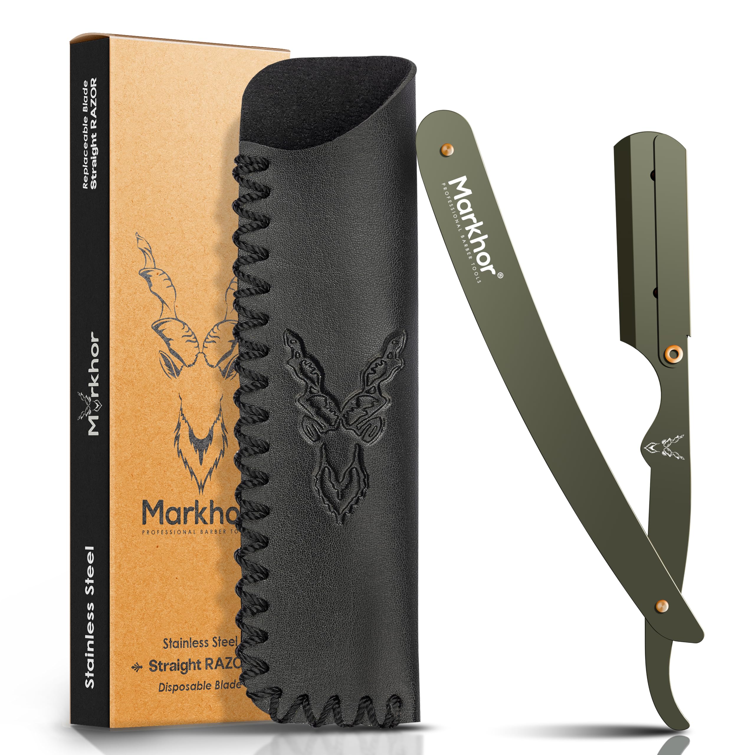 MARKHOR® Straight Razors for Men | Stainless Steel Close Shave Barber Razor with Carry Pouch | Single Blade Razors for Men | Straight Edge Razor (Camo Green)