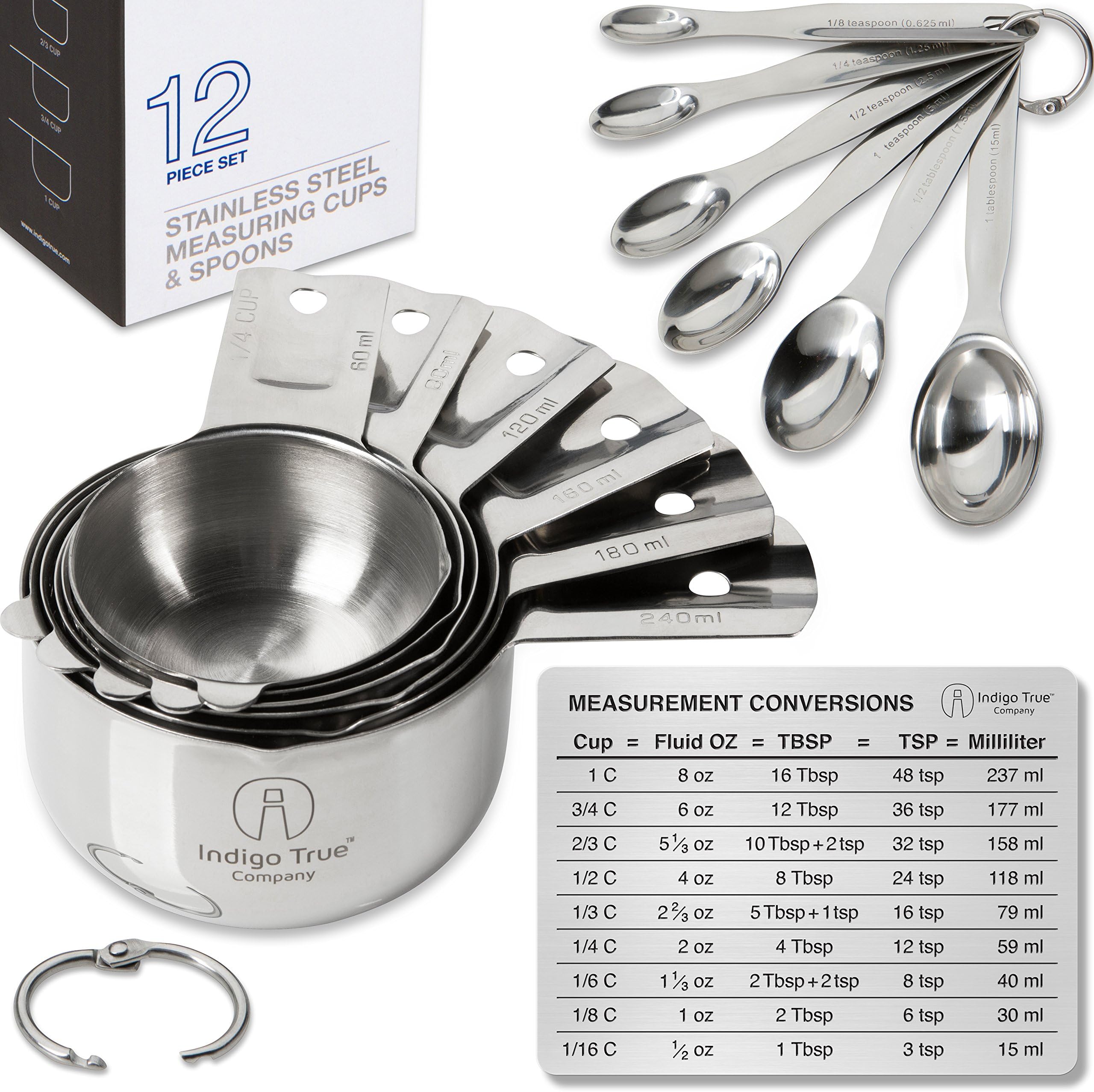 Stainless Steel Measuring Cups and Spoons - Stackable 12 pcs Set with ORIGINAL Magnetic Measurement Conversion Chart