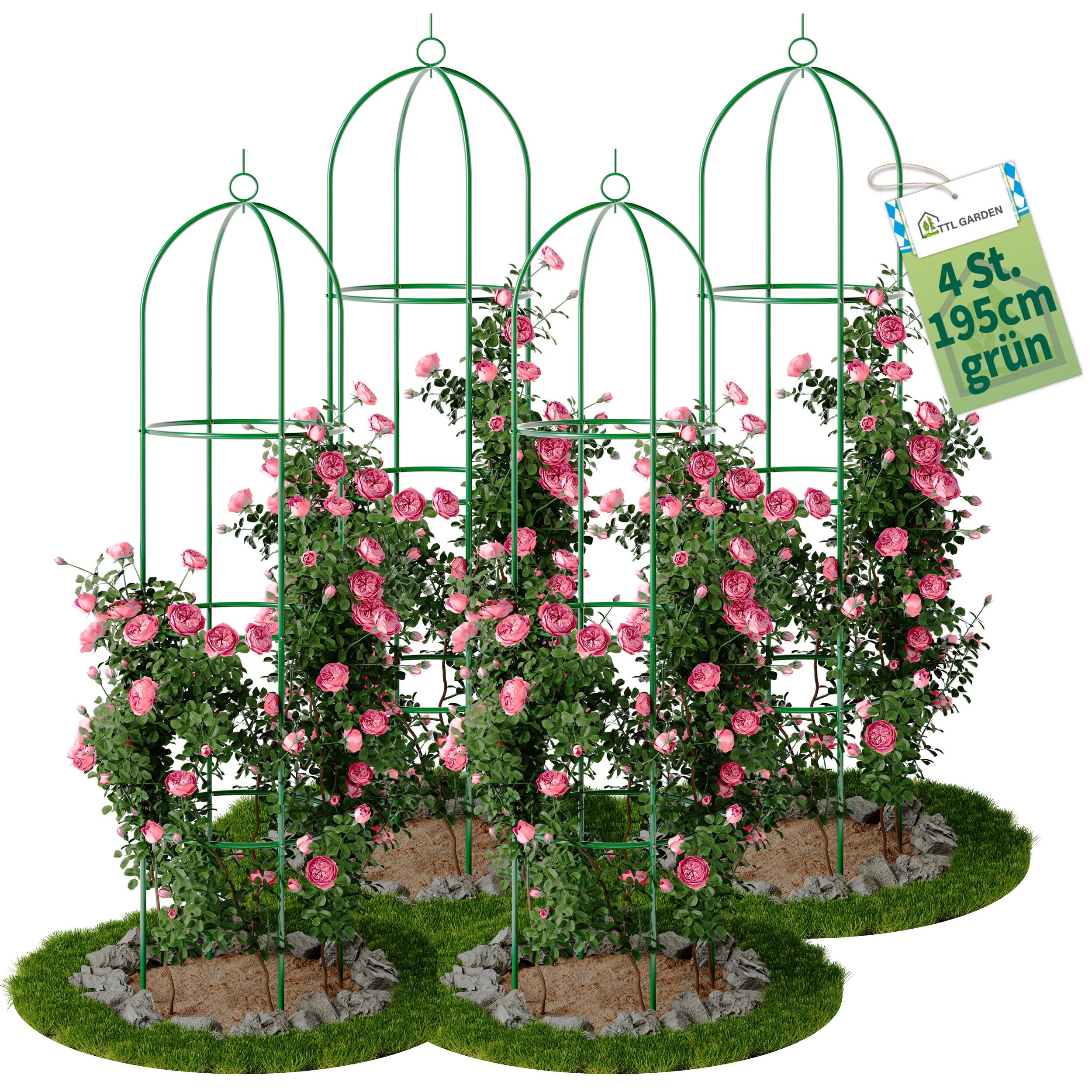 TTL Garden Obelisk Rankhilfe XL 195x40cm grün 4er Set - Rosen Rankgitter Metall rostfrei für Kletterpflanzen Rosen Clematis - pulverbeschichteter Stahl 195 cm hoch 40cm Ø Rankturm Tomaten Gurken