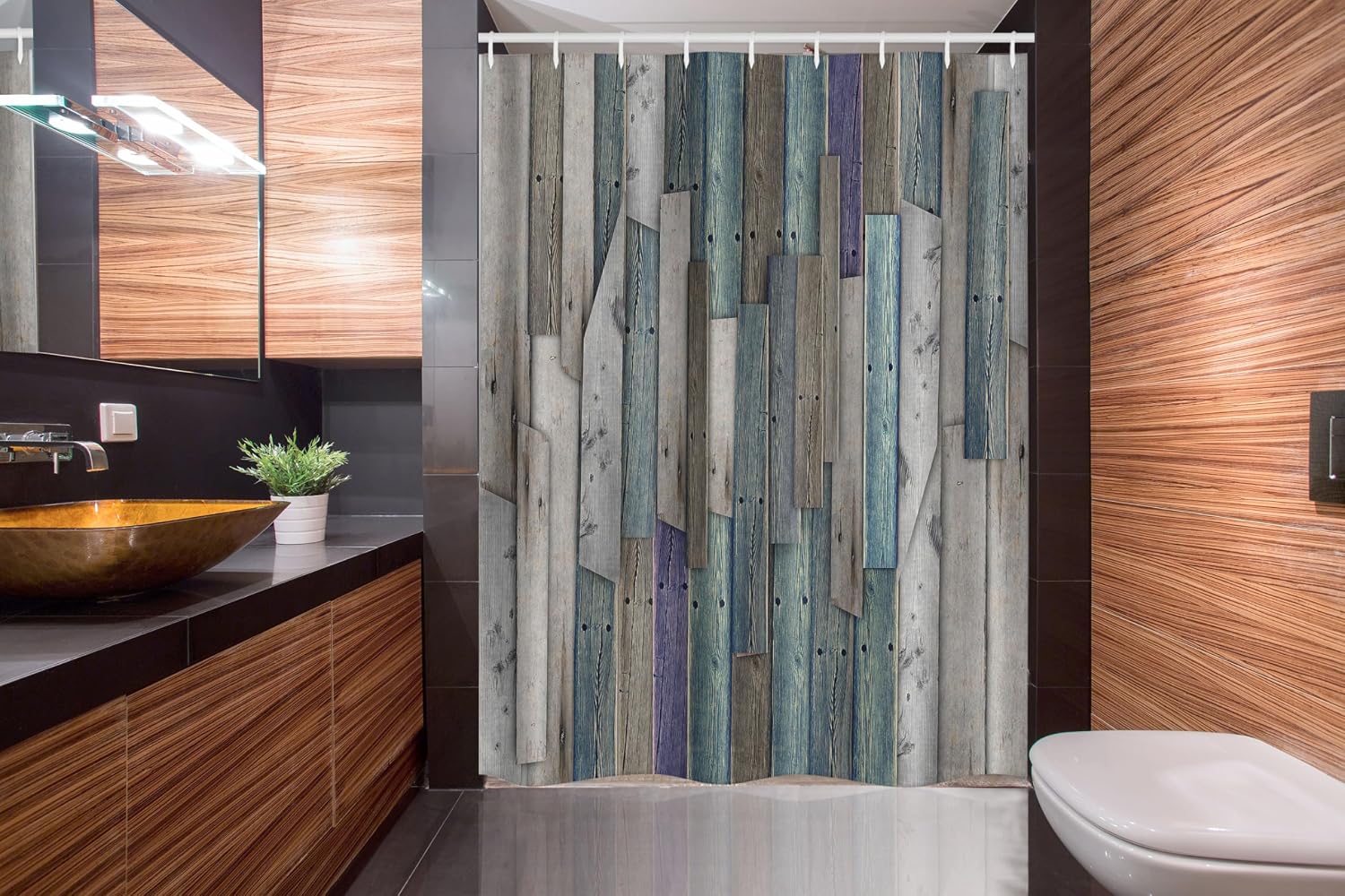 Ambesonne Rustic Stall Shower Curtain, Blue Grey Grunge Wood Planks Barn House Door Nails Country Life Theme Art, Fabric Bathroom Decor Set with Hooks, 54" W x 78" L, Umber Pale Teal Plum