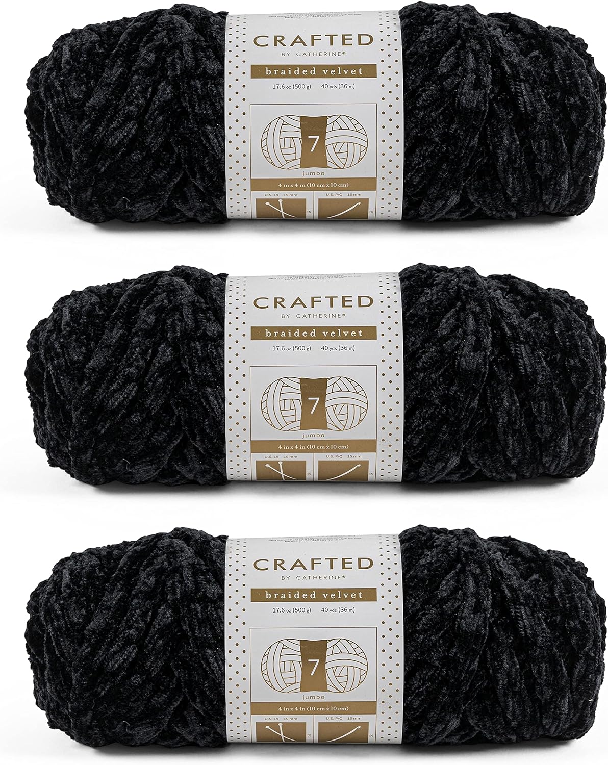Crafted By Catherine Braided Velvet Yarn - 2 Pack (40 Yards Each Skein), Black, Gauge 7 Jumbo