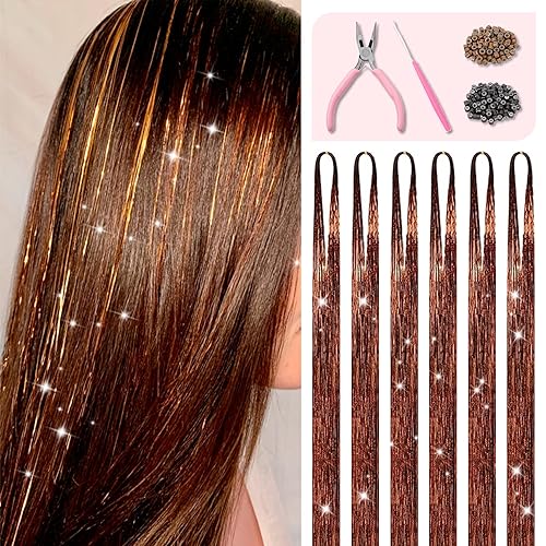 Kit de oropel de cabello marrón con herramientas e instrucciones, fácil de usar, 1200 mechones, 48 pulgadas, extensiones de cabello con purpurina