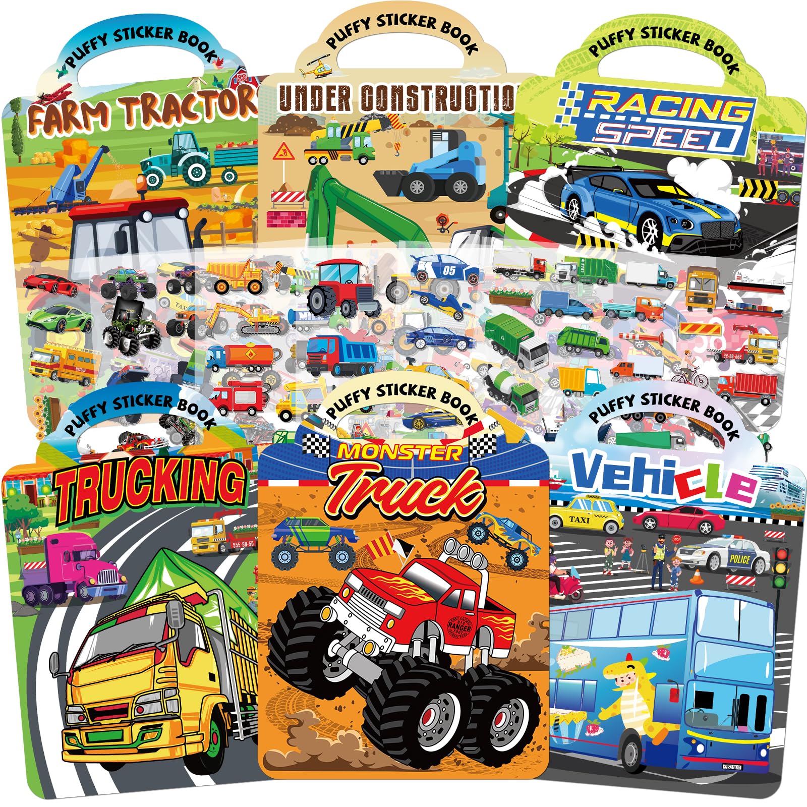 Elfew 6 Pack Car Sticker Books for Boys Ages 2-4 Year Old, Reusable 3D Puffy Stickers for Children 2 3 4 Years, Car Stickers for Toddlers Boys 1-3, Boys Birthday Gifts, Learning Educational Toys — image 1
