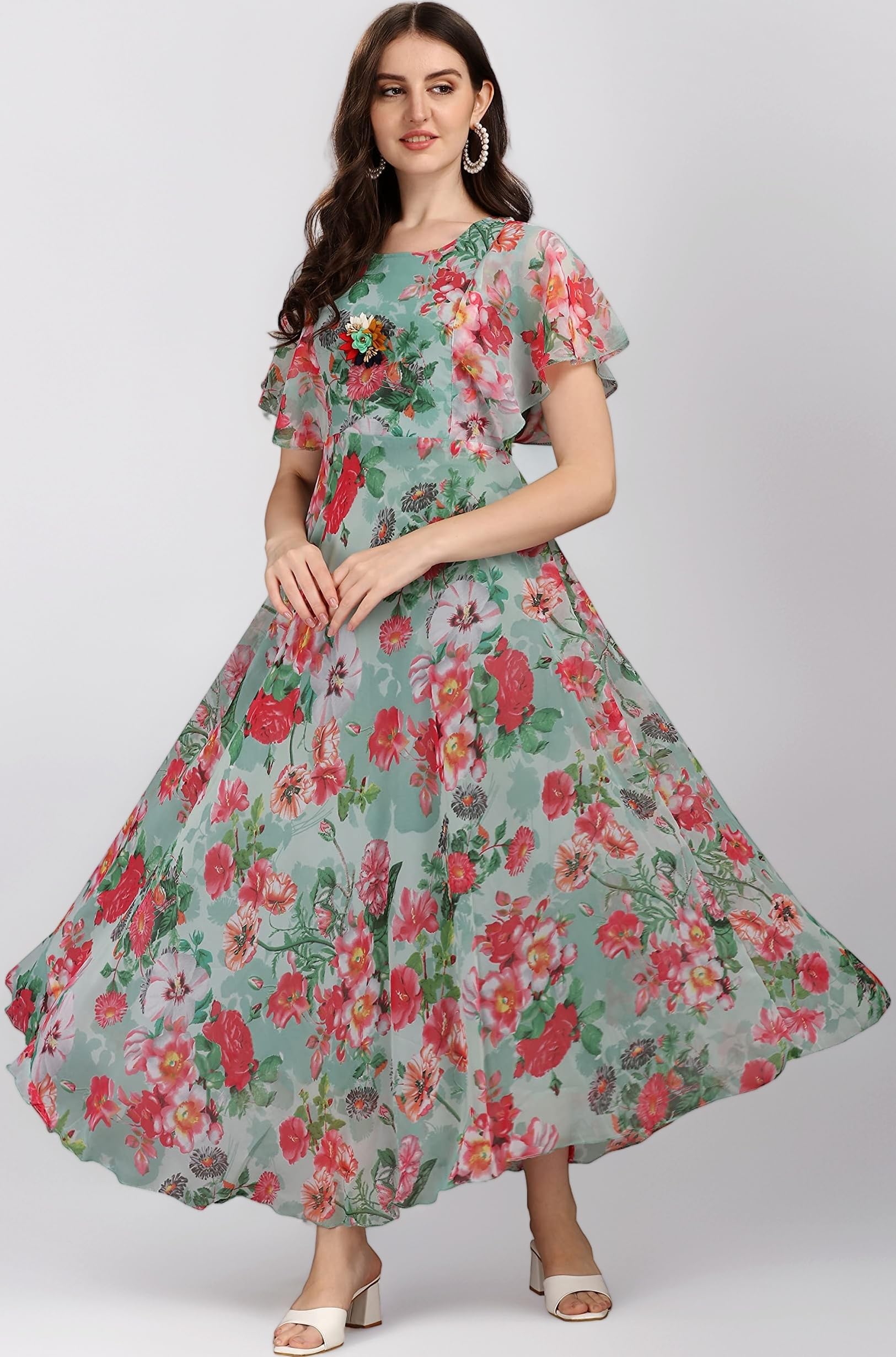 Fashion2wear Women's Georgette Floral Digital Print Short Sleeve Full-Length Fit & Flare Long Gown Dress for Girls (LN-X9TQ-MN1D)