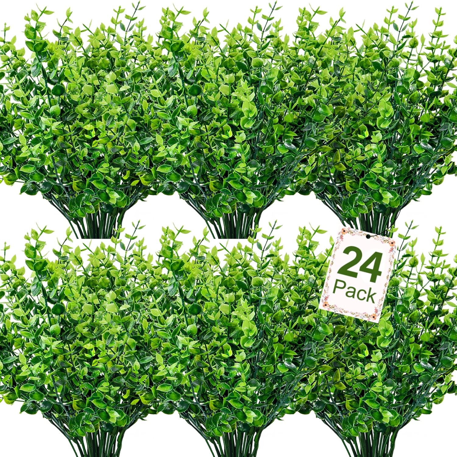 ouddy decor 24 bundles artificial greenery stems fake plants outdoor uv resistant faux plastic boxwood for kitchen office garden porch farmhouse window box home decor 24 pcs