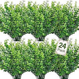 Ouddy Decor 24 Bundles Artificial Greenery Stems Fake Plants Outdoor UV Resistant Faux Plastic Bo...