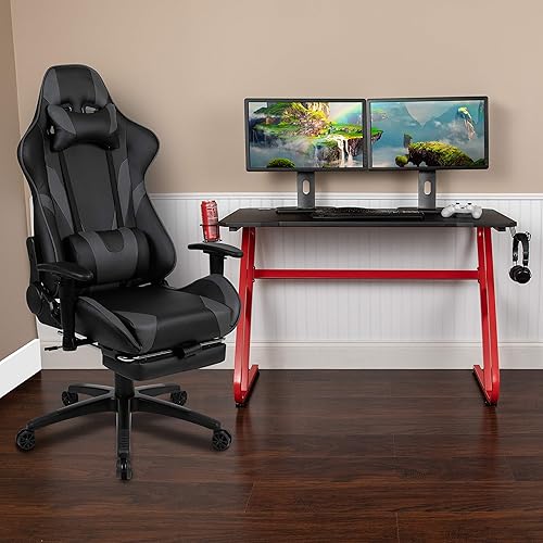 Miniatura 435 de Flash Furniture Juego de escritorio para juegos negro y silla de carreras blanco/negro con soporte para tazas, gancho para auriculares y soporte