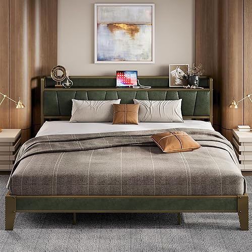 Miniatura 28 de LIKIMIO Armazón de cama completa, cabecera con almacenamiento y estación de carga, sólido y estable, sin ruido, no necesita somier, fácil montaje