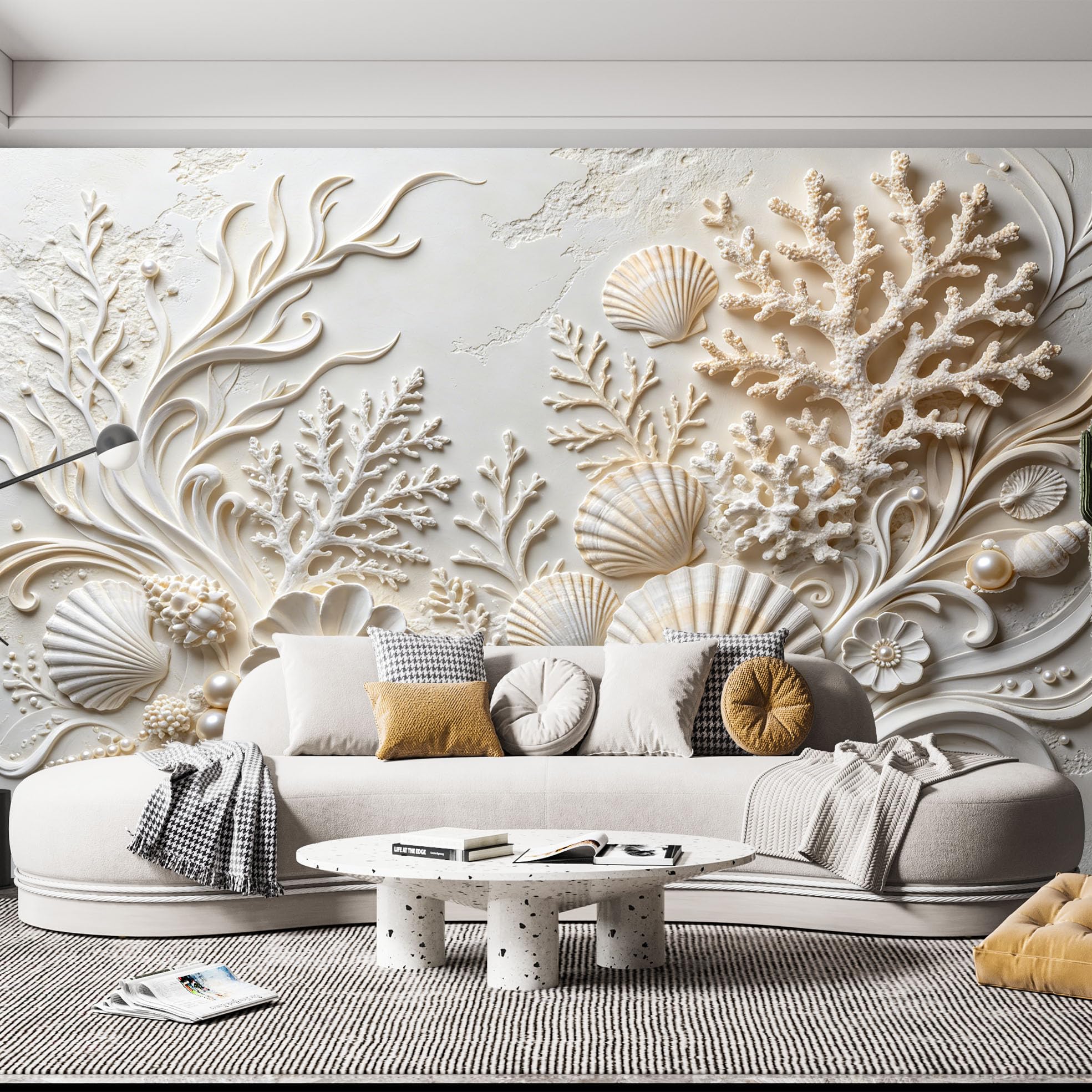 Fototapeta 3D z muszlą koral i perła ocean koral tekstura tapeta z włókniny luksusowy styl wybrzeża sztuka fototapeta 350 x 256 cm kremowa biała tapeta ścienna do salonu sypialni akcent ściana ocean