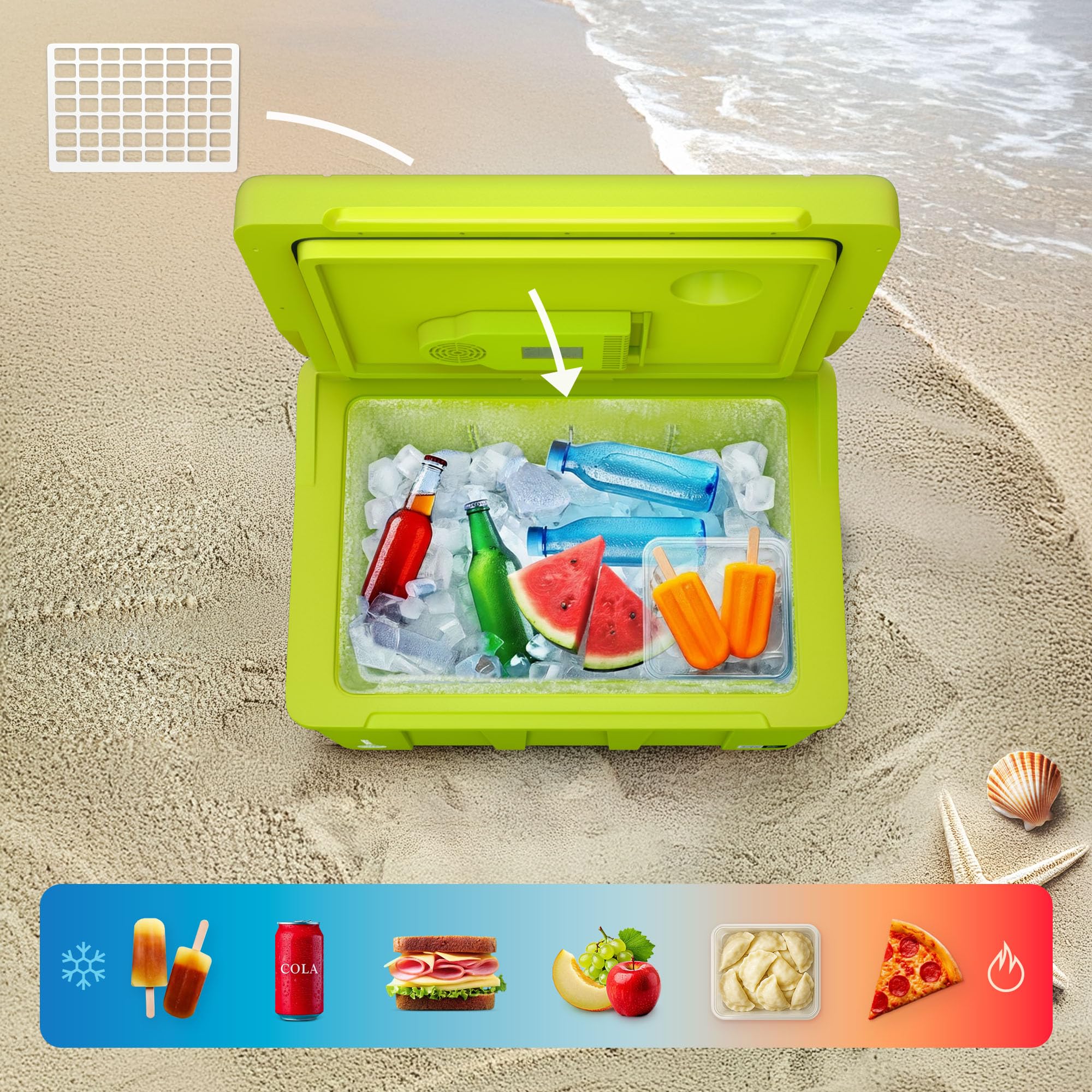 peme Frigo Portatile 46,5L - Frigorifero Elettrico con Caldo/Freddo, Doppia Alimentazione 12V & 240V Modalità Ruote e Maniglia Funzionamento Silenzioso per Auto Camper - Essential XL 50 Neon Jungle