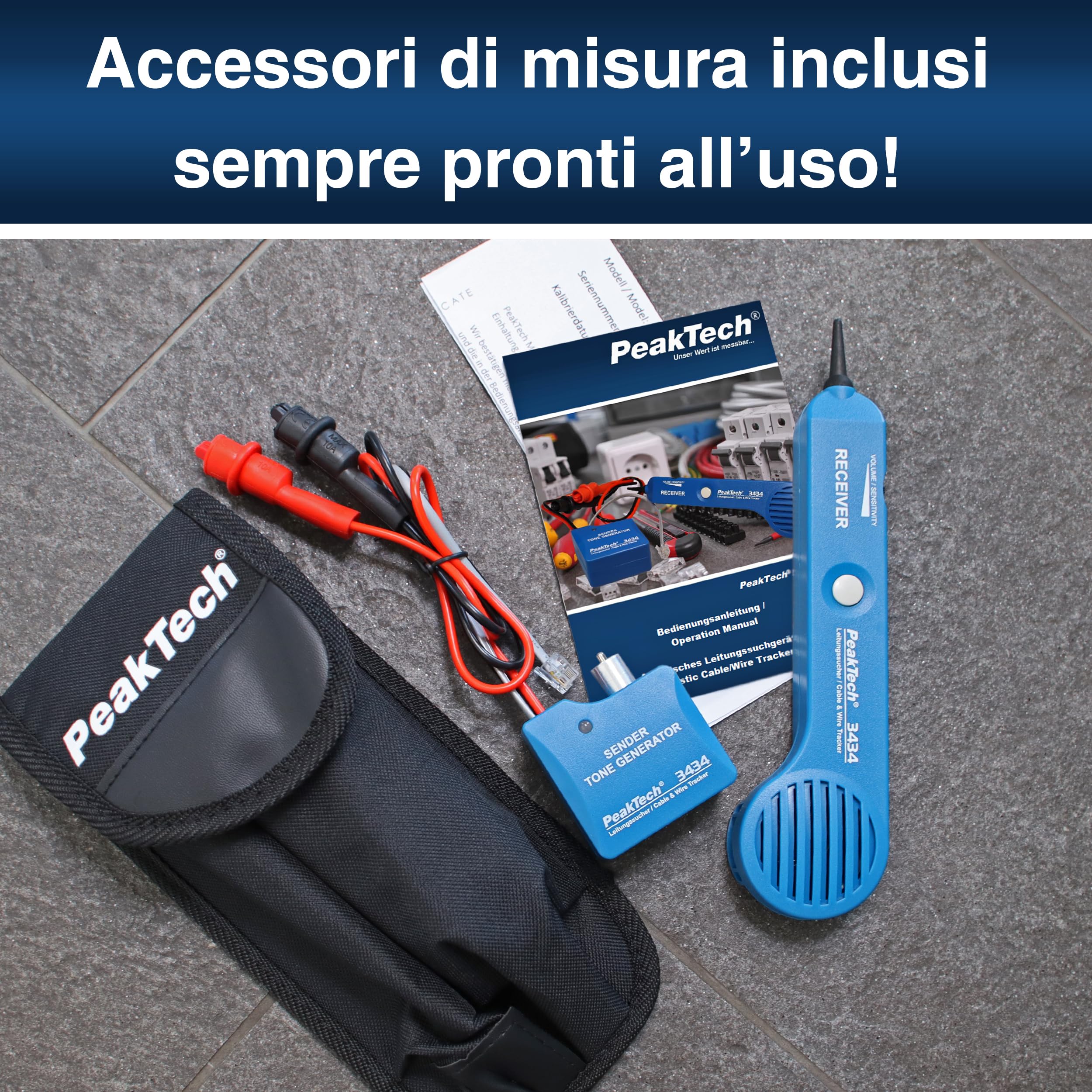 PeakTech 3434 Cercatore di linee per cavi e cavi telefonici [garanzia di 3 anni] Cercatore di linee con tester di continuità e segnale audio, clip a coccodrillo, telefono, RJ11