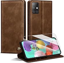 Mobile Phone Case for Samsung Galaxy A51 4G Case, Premium Leather Case for Samsung A51 [With 1 Piece Tempered Glass Protection] Magnetic Card Slot Flip Case Protective Case for Galaxy A51, Brown