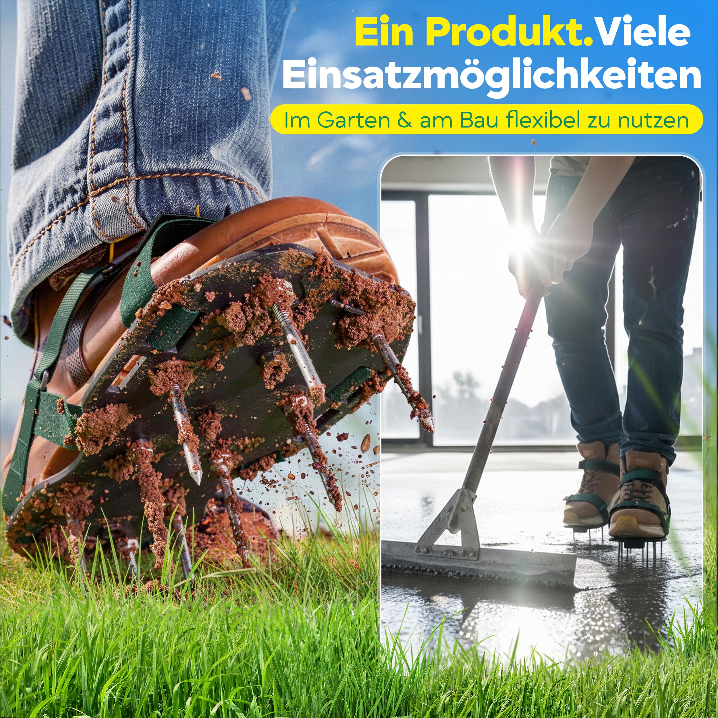 Caveon® Premium Nagelschuhe – Rasenbelüfter & Estrichschuhe mit Klettverschluss für sichtbar dichteren grünen Rasen – Aerifizierer ohne Geräte – Stahlspikes, 2 Nagellängen, inkl. Schaufel & Beutel - 3