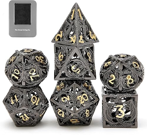 Premium Hollow Copper DND Dice Set – 7pc Steampunk Dragon Polyhedral Dice with Metal Gift Box – Dungeons & Dragons RPG Collector Gift