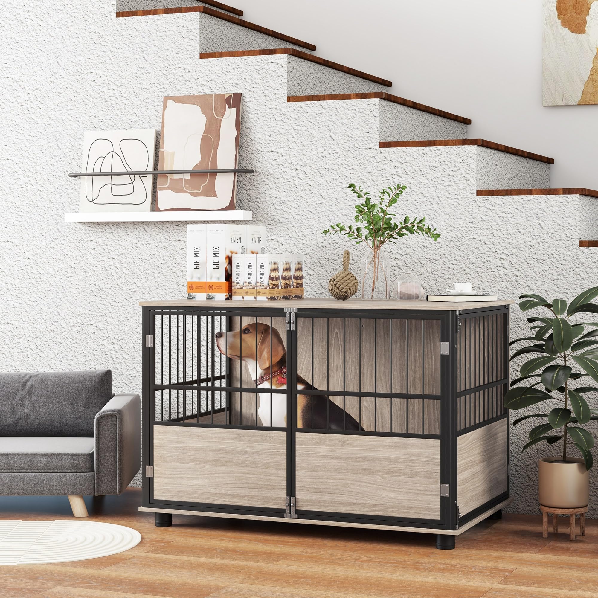 PawHut - Jaula para perro interior, mesa auxiliar, 100 x 60 x 68 cm, para perros hasta 30 kg, 3 puertas con cerradura, montaje fácil, aspecto madera negro