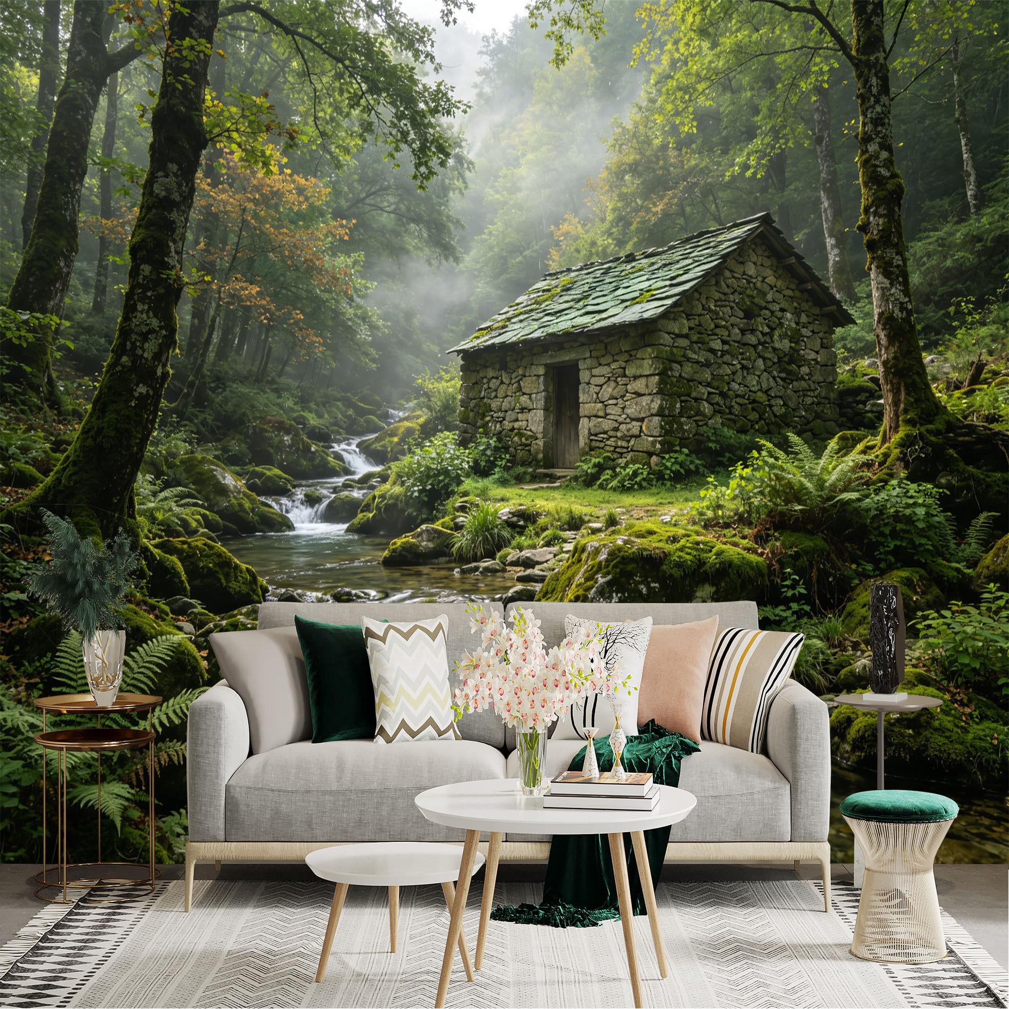 Custom Size Wall Sticker Mural， Rustic Stone Cabin by Forest Stream， Misty Woods and Mossy Rocks， for wall Decoration， peelandstick wall Decals.