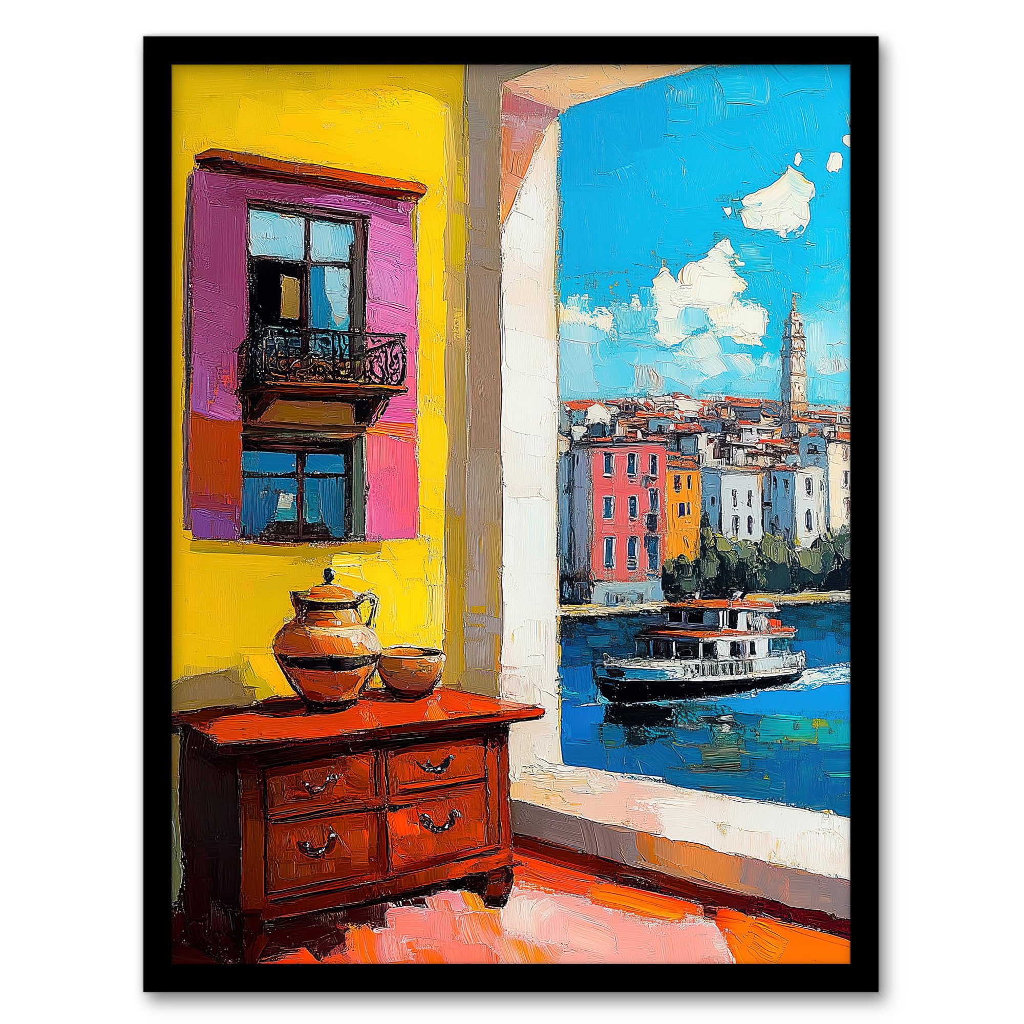 Artery8 Amalfi Coast Coastal City View Boat Italy Summer Living Room Artwork Framed Wall Art Print A4