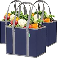 CreativeGreenLife Reusable Grocery Bags 3-Pack - Heavy Duty Box Shape Totes, Stand Up Stay Open Fold Flat, Long Handles Hard Bottom Navy Blue