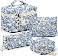Vista 18 de VIWIME Bolsa de cosméticos de maquillaje, grande, de algodón, acolchada, de viaje, coquette, estética, linda, floral, bolsa de maquillaje
