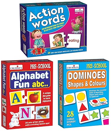 Creative Educational Aids P. Ltd. - CRE0634 Alphabet Fun ABC Puzzle (Multi-Color, 52 Pieces) & CRE0642 Action Words Puzzle & CRE0651 Dominoes - Shapes and Colours Card Game (Multi-Color, 28